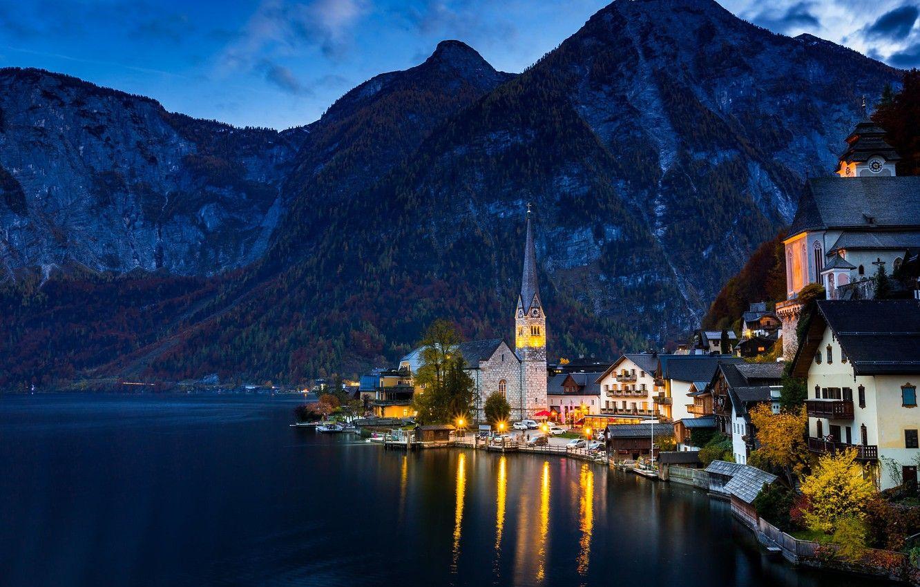 1332x850 Wallpaper autumn, forest, trees, mountains, lights, lake, rocks, shore, home, the evening, Austria, Hallstatt, Hallstatt image for desktop, section пейзажи