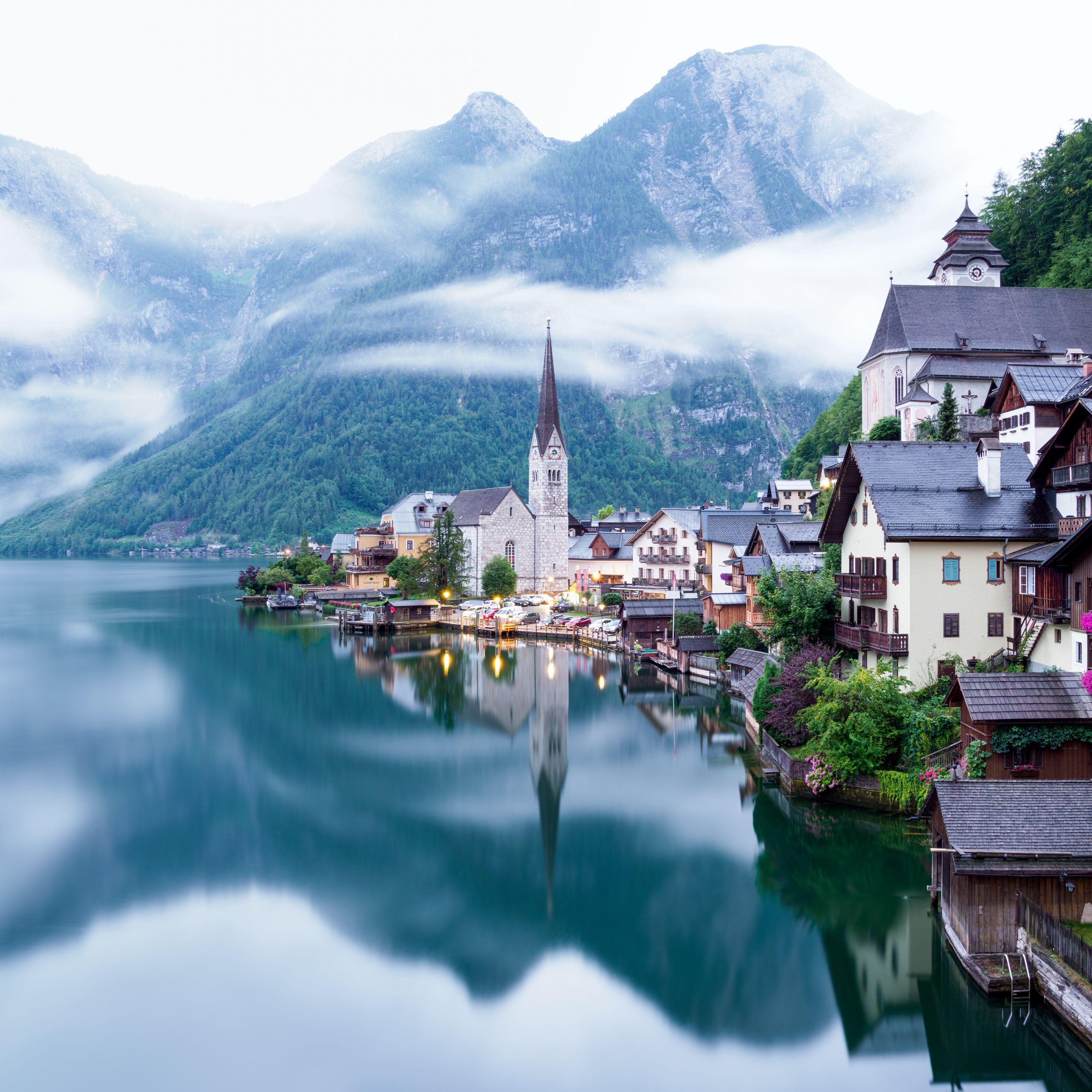 3415x3415 Download wallpaper 3415x3415 lake, mountains, village, hallstatt, austria ipad pro 12.9 retina for parallax HD background