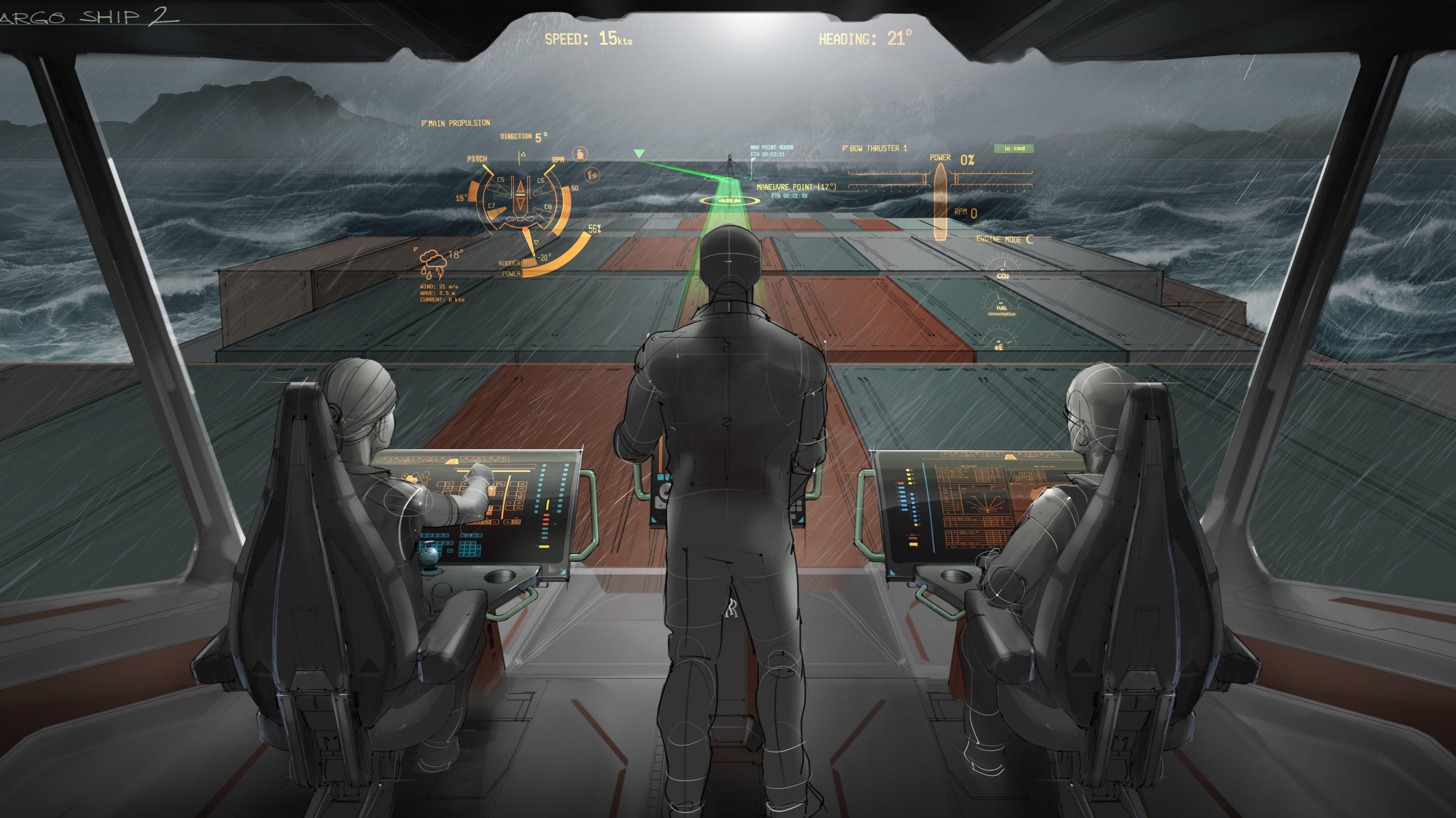 5120x2880 Wallpaper cargo ship envisioning, future, illustration, bridge, containers, Art
