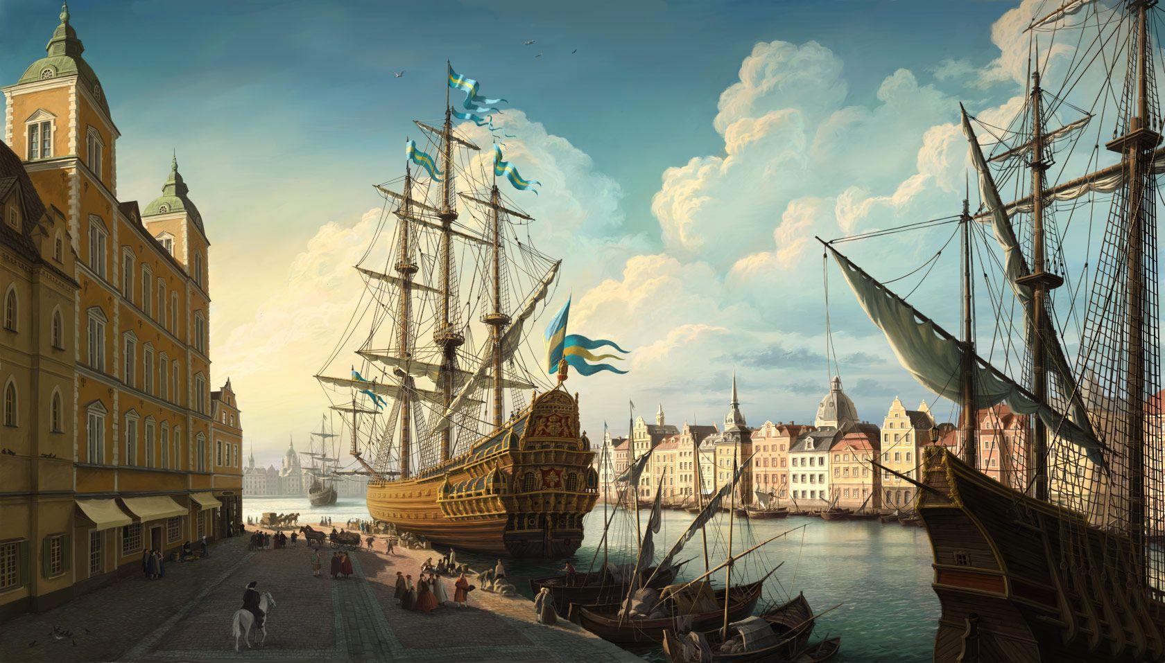 1680x957 This is great reference for clouds and early architecture and ship design all of which I want to include in future artwork. Sailing art, Sailing ships, Sailing