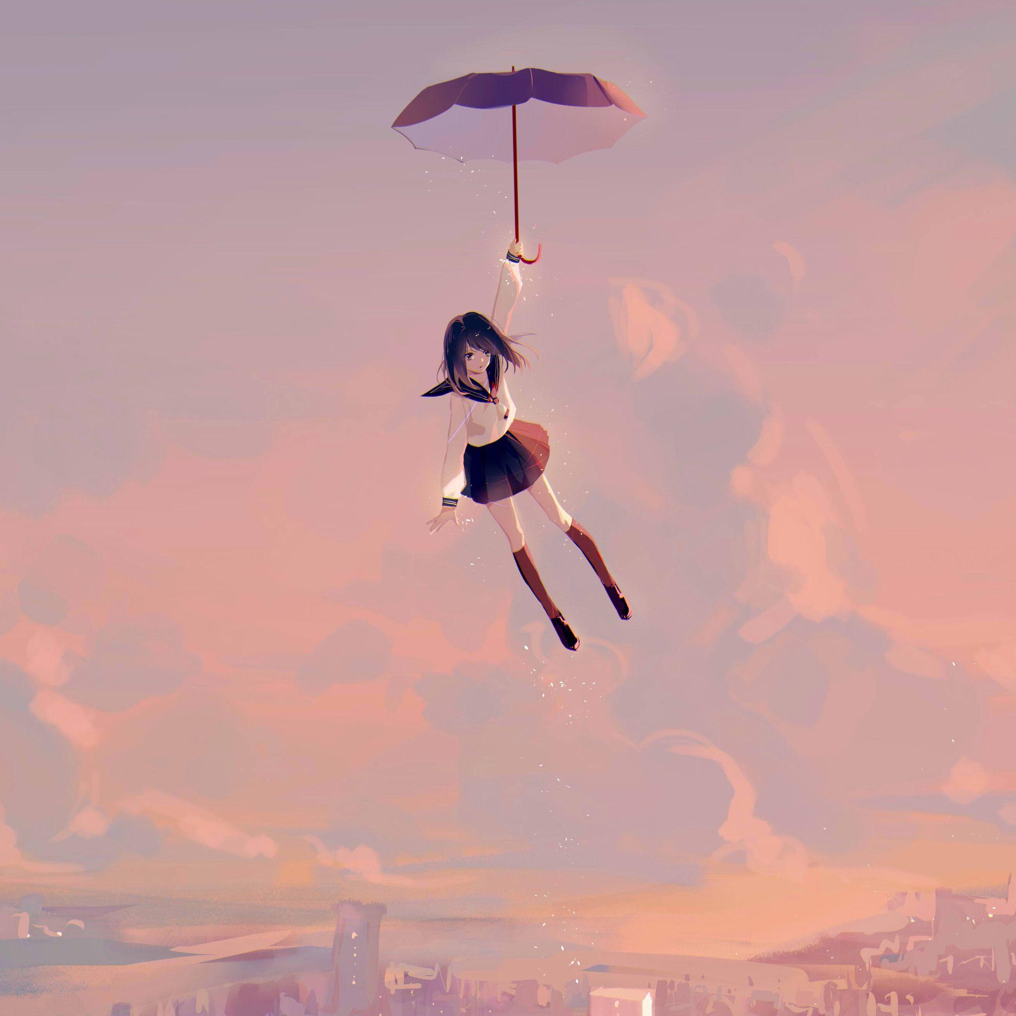 2048x2048 Anime Girl Flying With Umbrella 4k iPad Air HD 4k Wallpaper, Image, Background, Photo and Picture