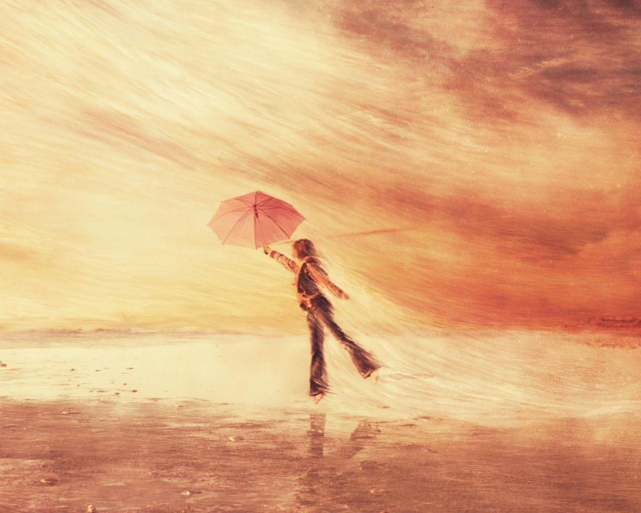 1280x1024 Woman Ocean Umbrella Fly Away desktop PC and Mac wallpaper