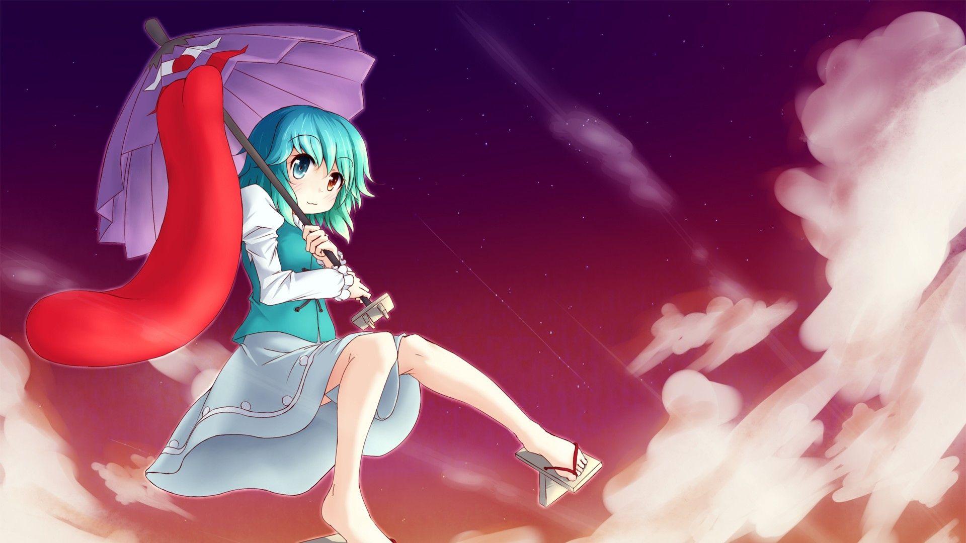 1920x1080 Download Wallpaper 1920x1080 girl, flying, umbrella, tongue, space, sky, cloud Full HD 1080p HD Background