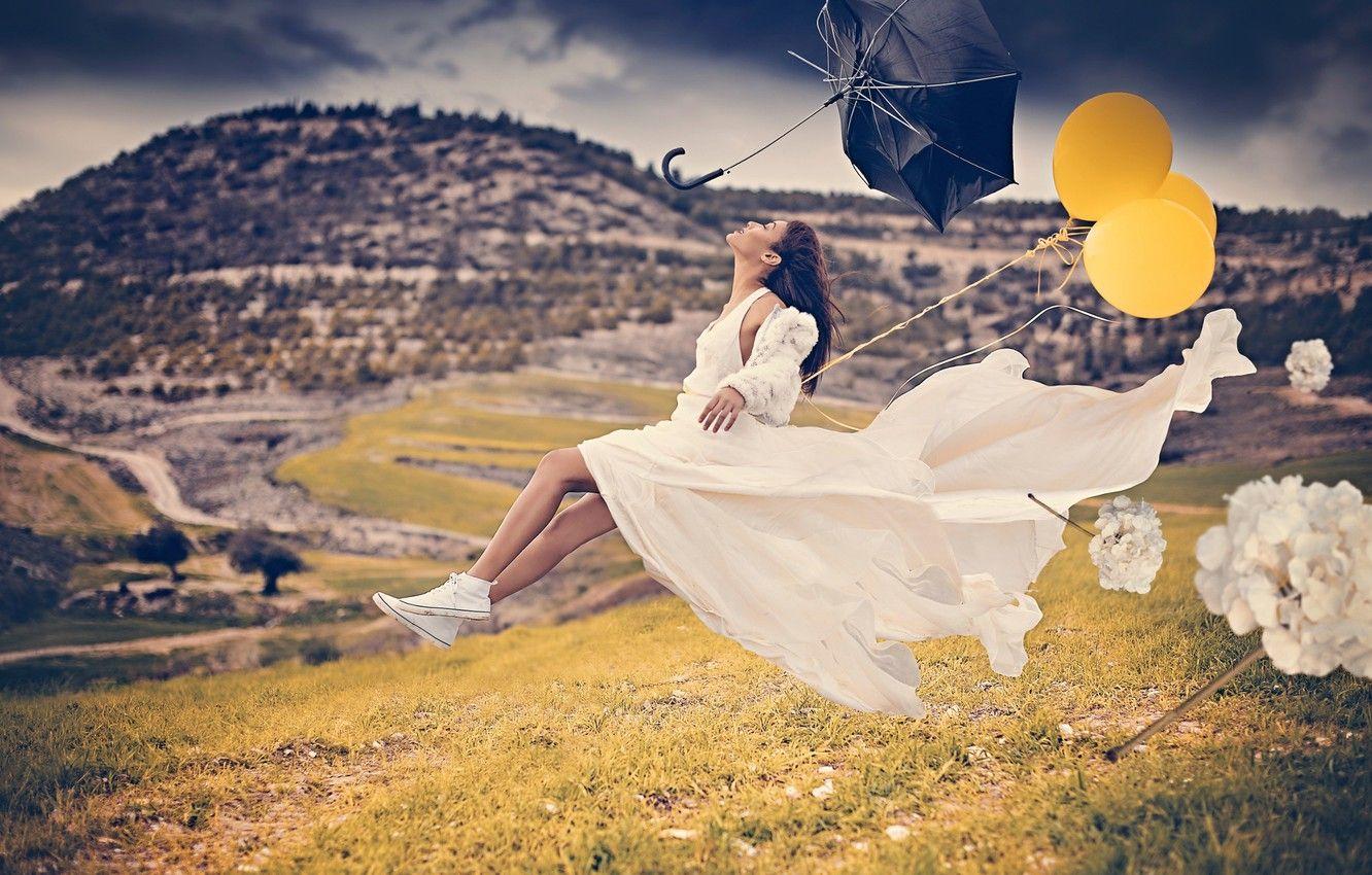 1332x850 Wallpaper girl, the wind, balls, umbrella, The Flying Bride image for desktop, section ситуации