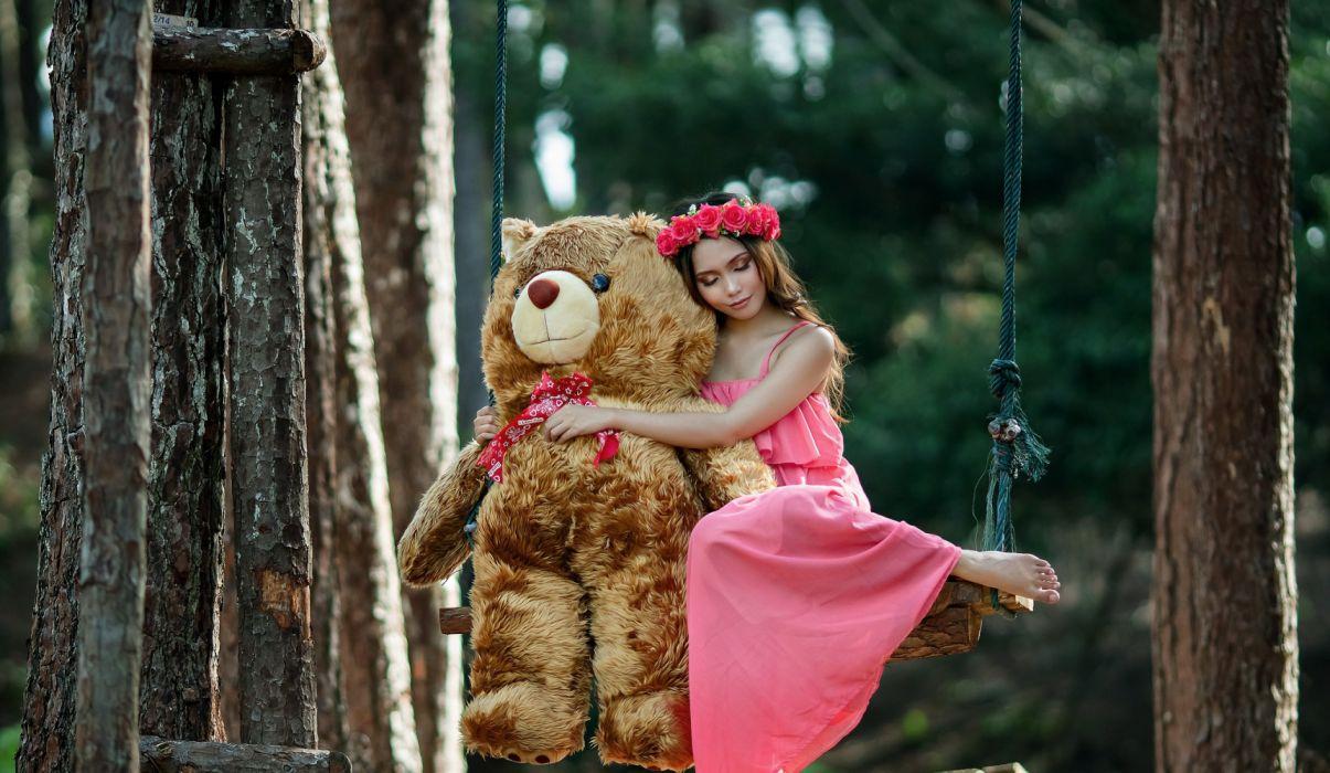 1205x700 Asian Brunette Girl Model Mood Pink Dress Stuffed Animal Swing Teddy Bear Woman Wreath wallpaperx1190