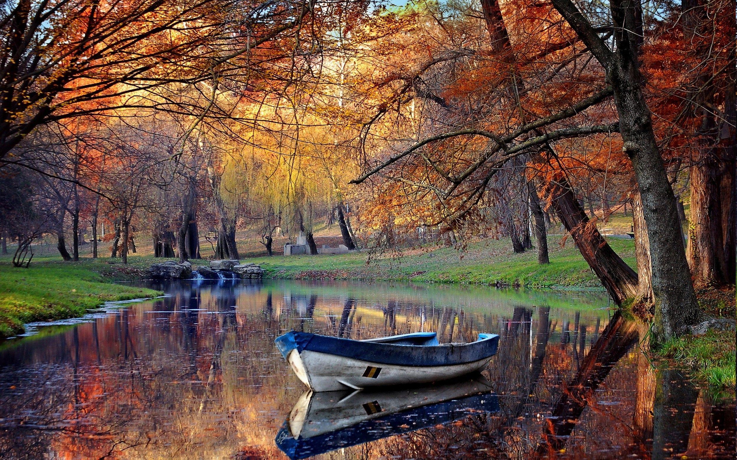 2500x1563 landscape fall boat park pond reflection trees nature water grass wallpaper. Mocah.org HD Wallpaper