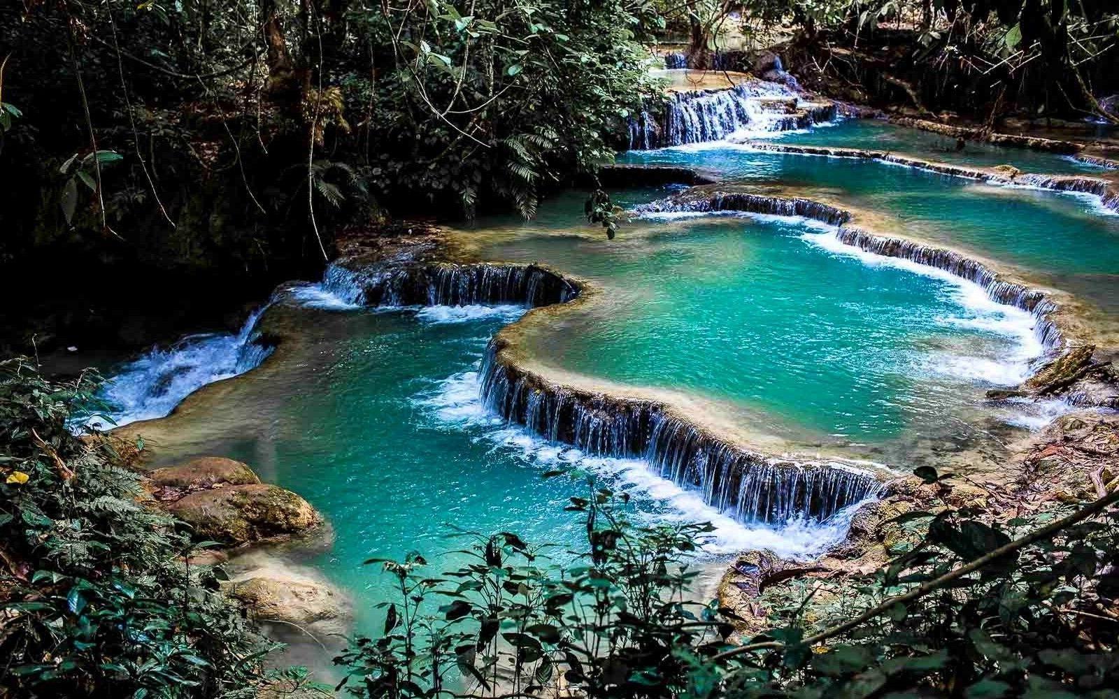 1600x1000 landscape, Nature, Waterfall, Pond, Foliage, Shrubs, Terraces, Laos Wallpaper HD / Desktop and Mobile Background