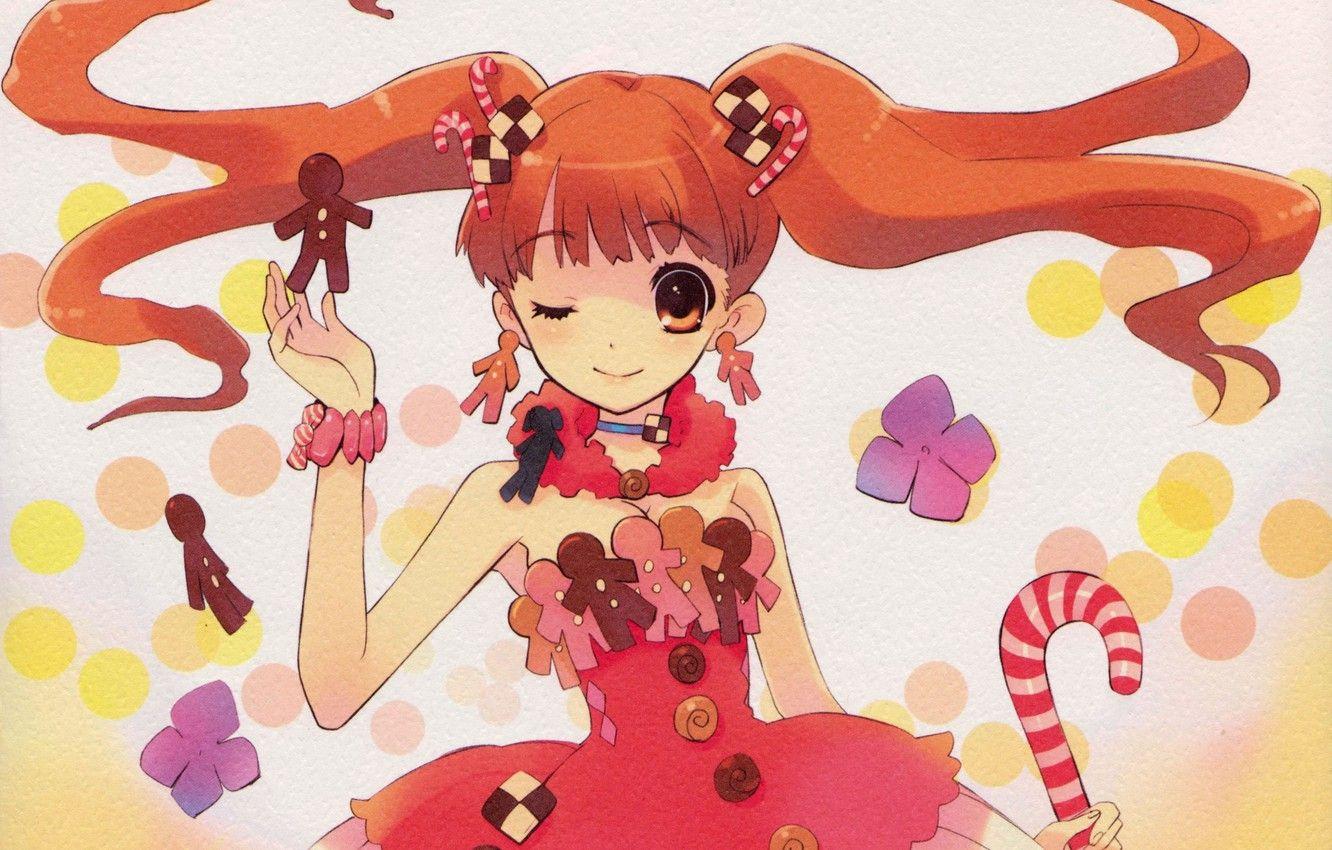 1332x850 Wallpaper girl, corset, staff, red, confetti, art, wink, cookies, two tails, gingerbread men, Noizi Ito image for desktop, section арт