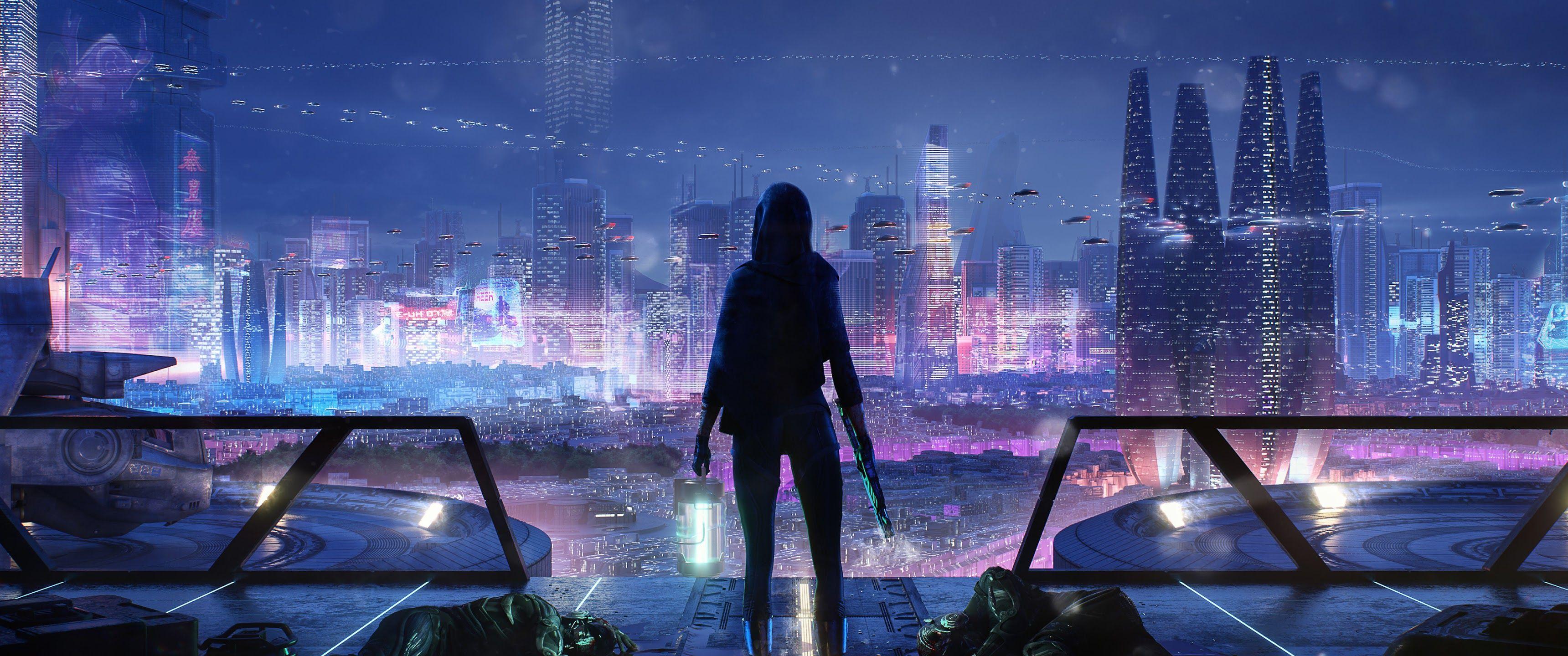 3440x1440 Sci Fi Night City Cityscape 4K Wallpaper