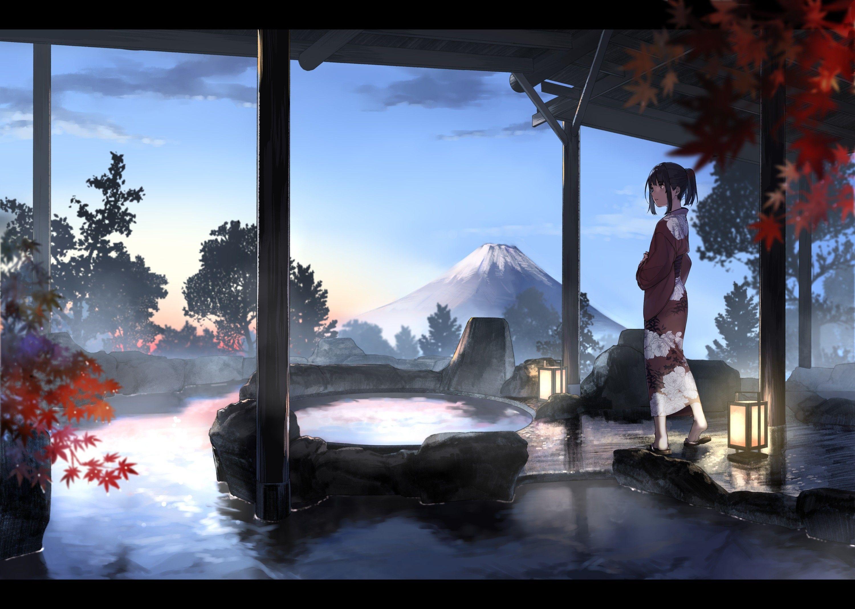 3000x2138 Wallpaper : landscape, painting, anime girls, reflection, Japanese
