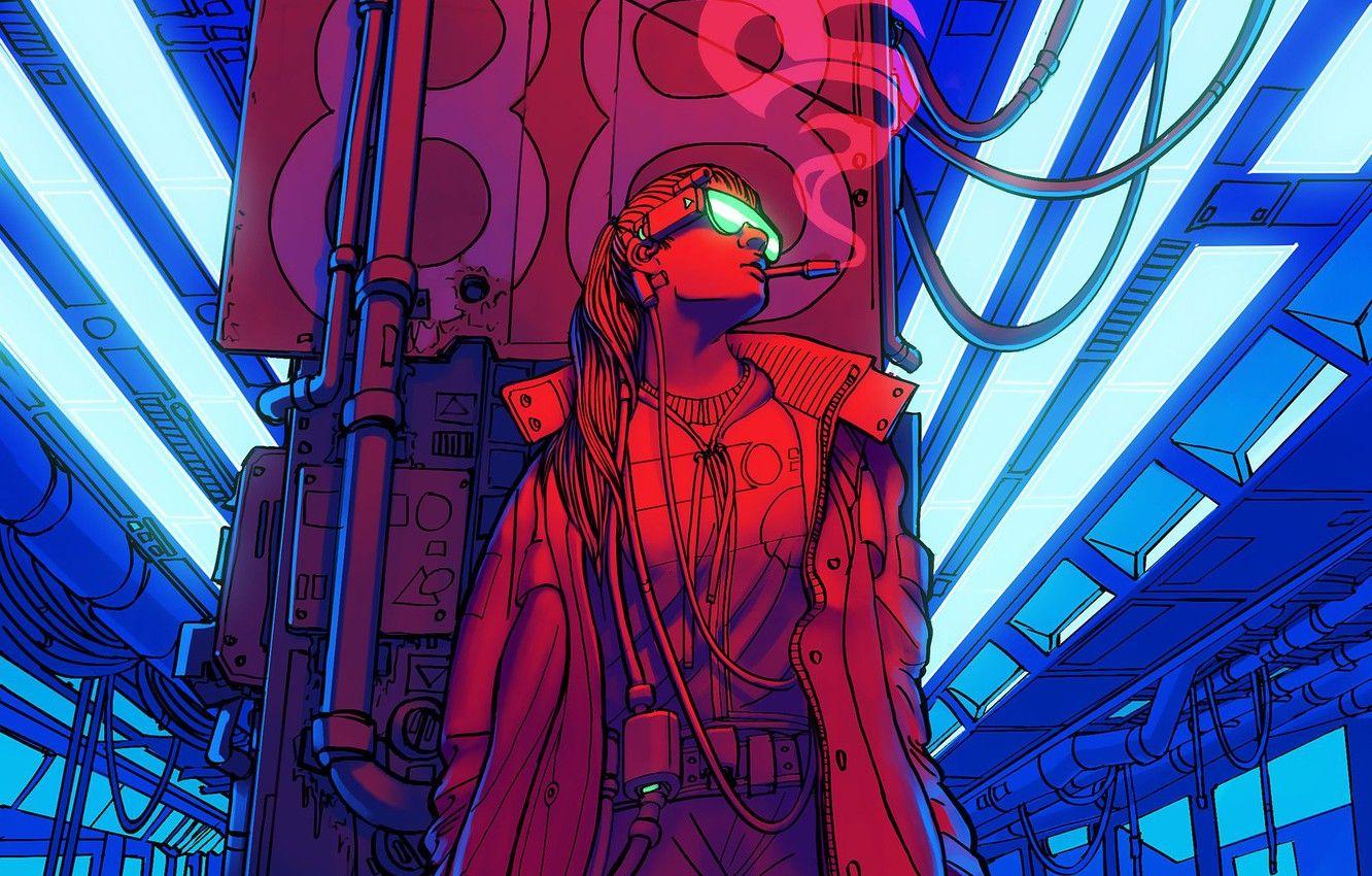 1332x850 Wallpaper Color, Girl, Figure, Future, Smoke, Station, Glasses, Metro, Art, 80s, Techno, Illustration, Retro, Characters, Cigarette, Cyberpunk image for desktop, section арт