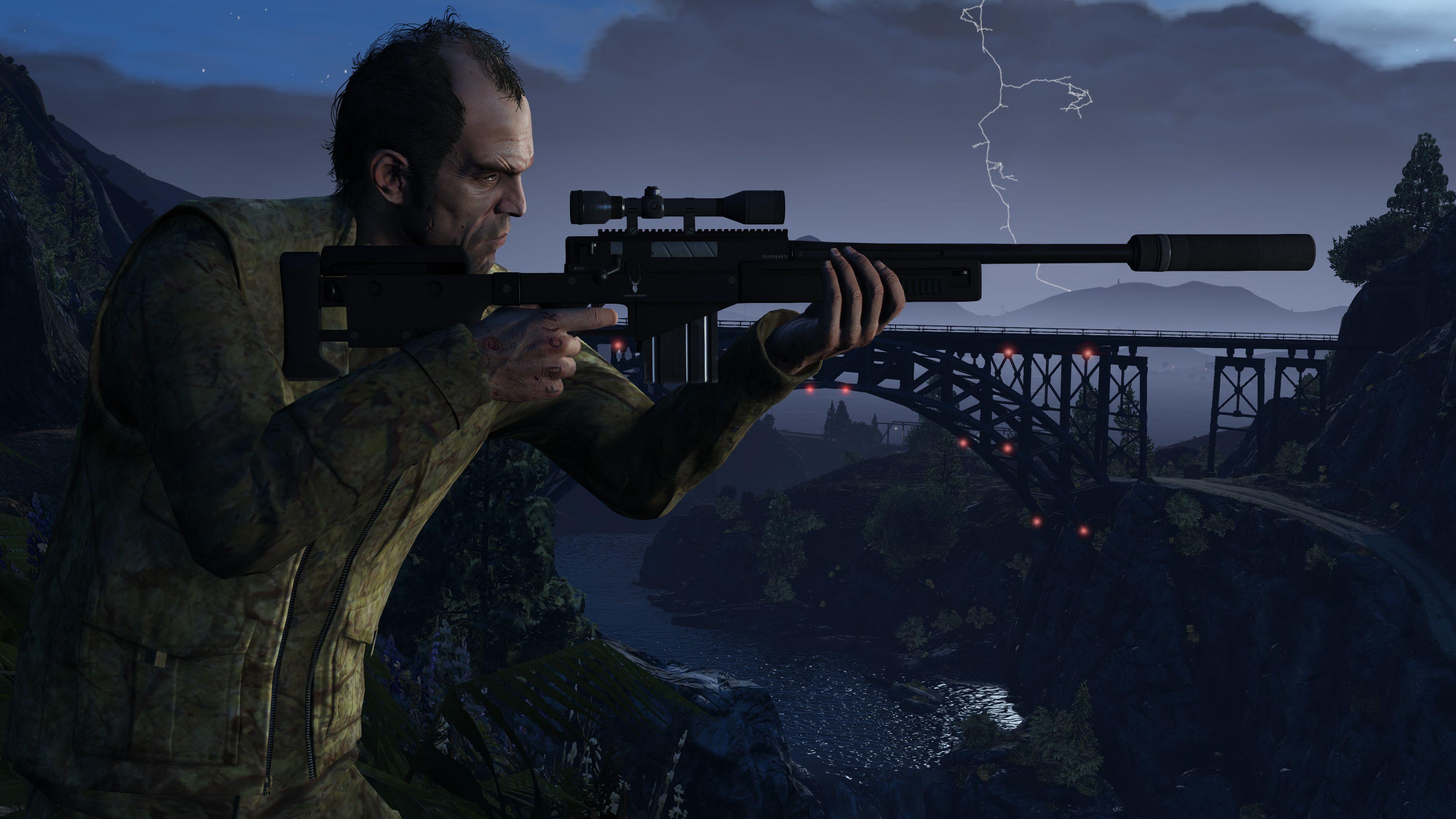 3840x2160 Download wallpaper from game Grand Theft Auto V with tags: Trevor Philips, Rifle, High quality
