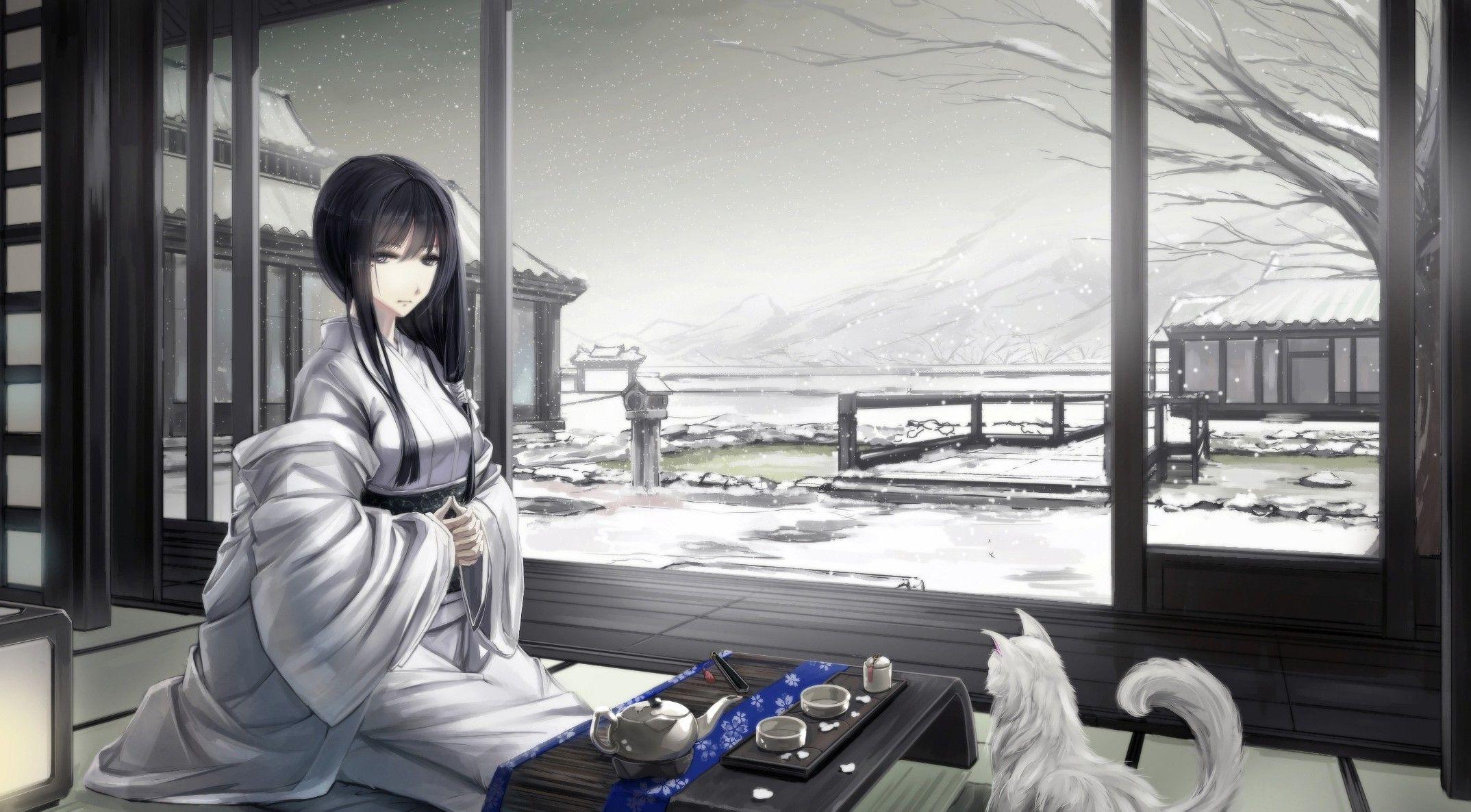 2148x1186 anime Girls, Original Characters, Japanese Clothes, Asian Architecture, Cat, Snow, Kimono, Winter, Black Hair, Japanese, Traditional Clothing Wallpaper HD / Desktop and Mobile Background