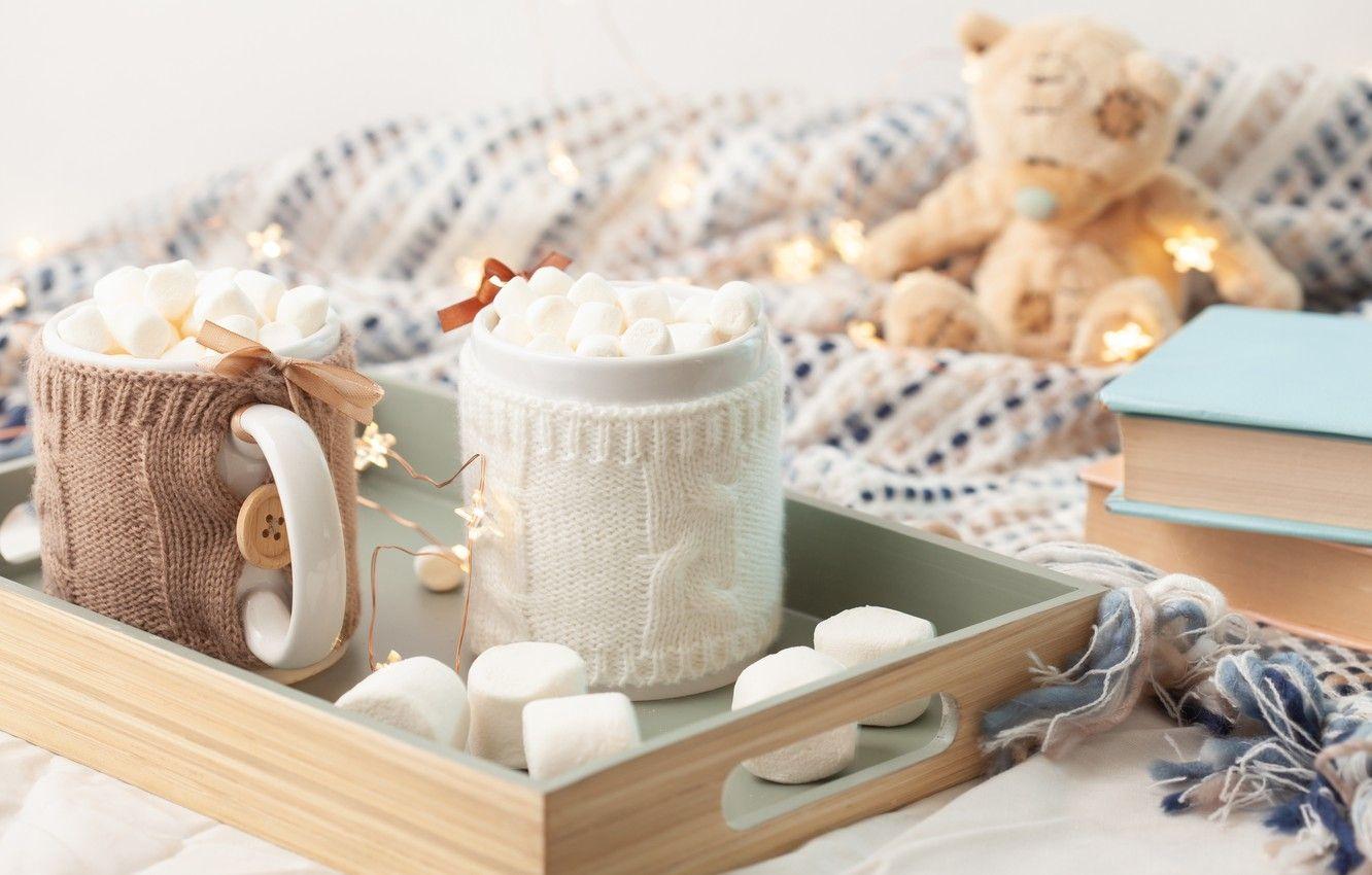 1332x850 Wallpaper winter, mug, style, winter, cup, cocoa, teddy bear, cute, xmas, mug, knitted clothes, hot chocolate, marshmallow, marshmallows image for desktop, section стиль
