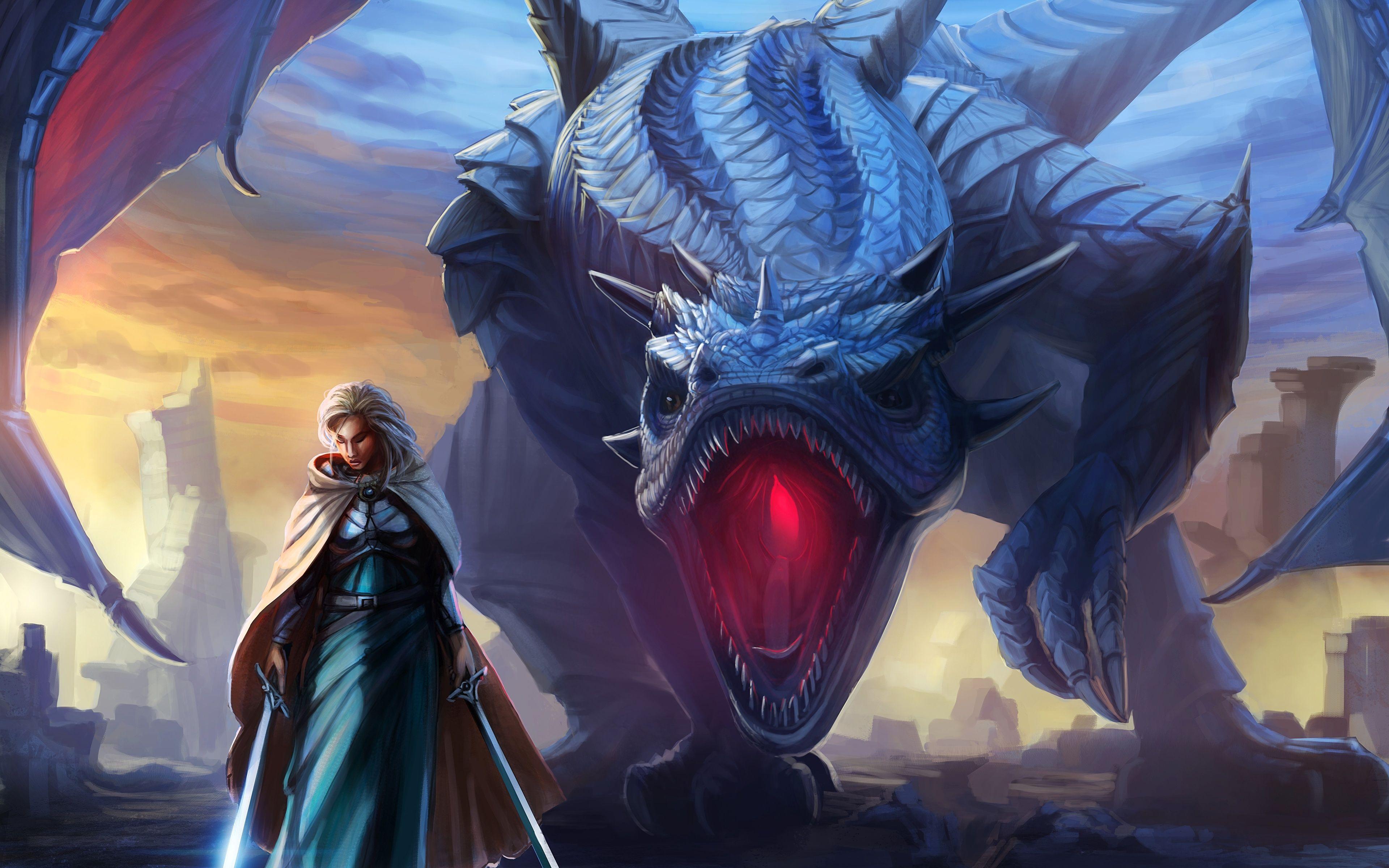 3840x2400 Image dragon Swords Blonde girl Girls Fantasy Roar 3840x2400