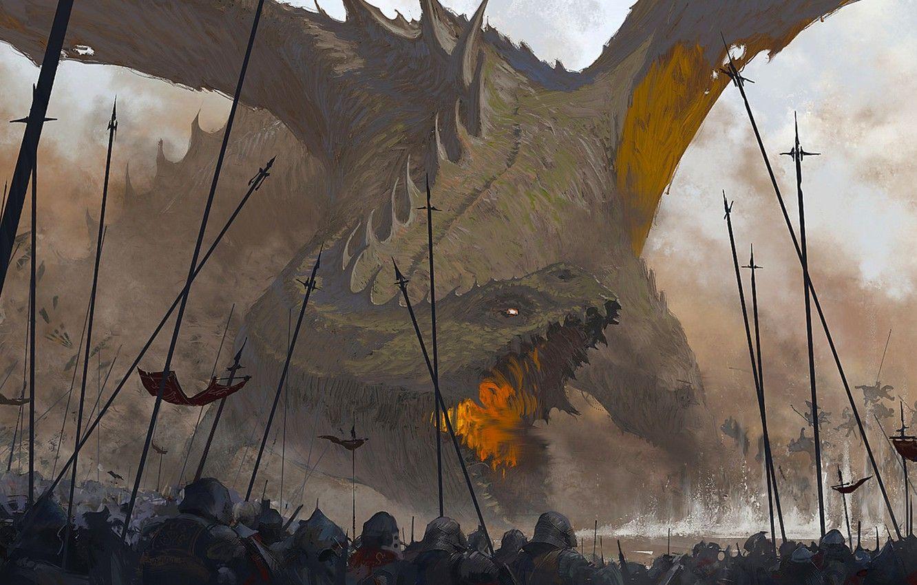 1332x850 Wallpaper Dragon, Soldiers, Knights, Battle, Dragon, Creek, Art, Art, Peaks, War, Francesco Lorenzetti, by Francesco Lorenzetti, Lorenzetti, Dragon Scream, Dragon roar image for desktop, section фантастика