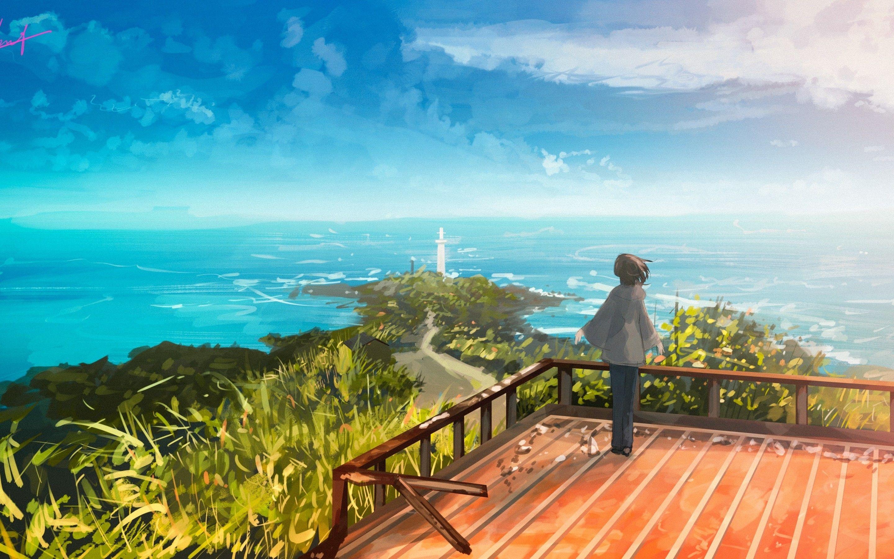 2880x1800 Download 2880x1800 Anime Landscape, Horizon, Ocean, Clouds, Lighthouse, Painting Wallpaper for MacBook Pro 15 inch