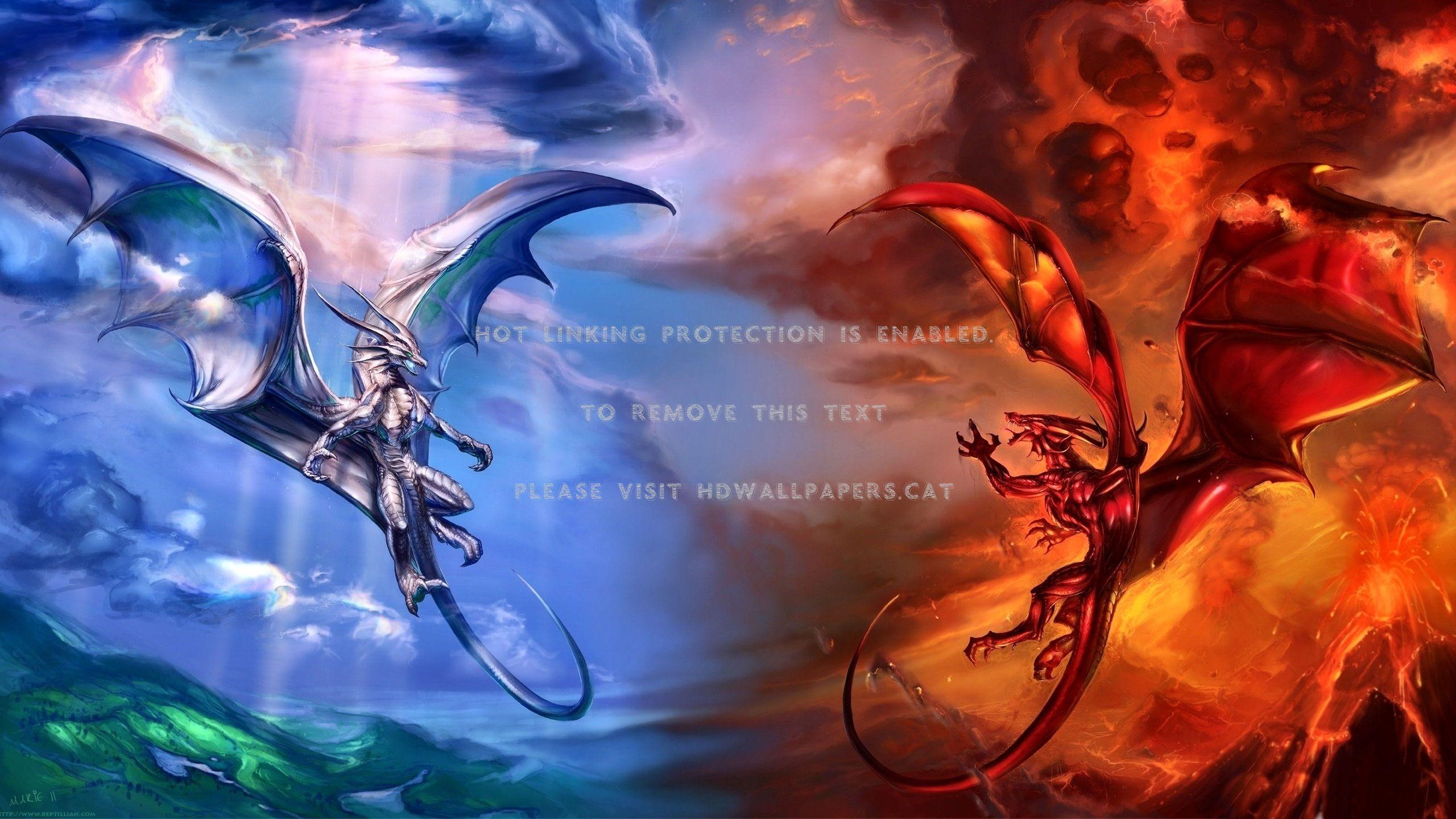 2560x1440 ice dragon fire fantasy painting art wide