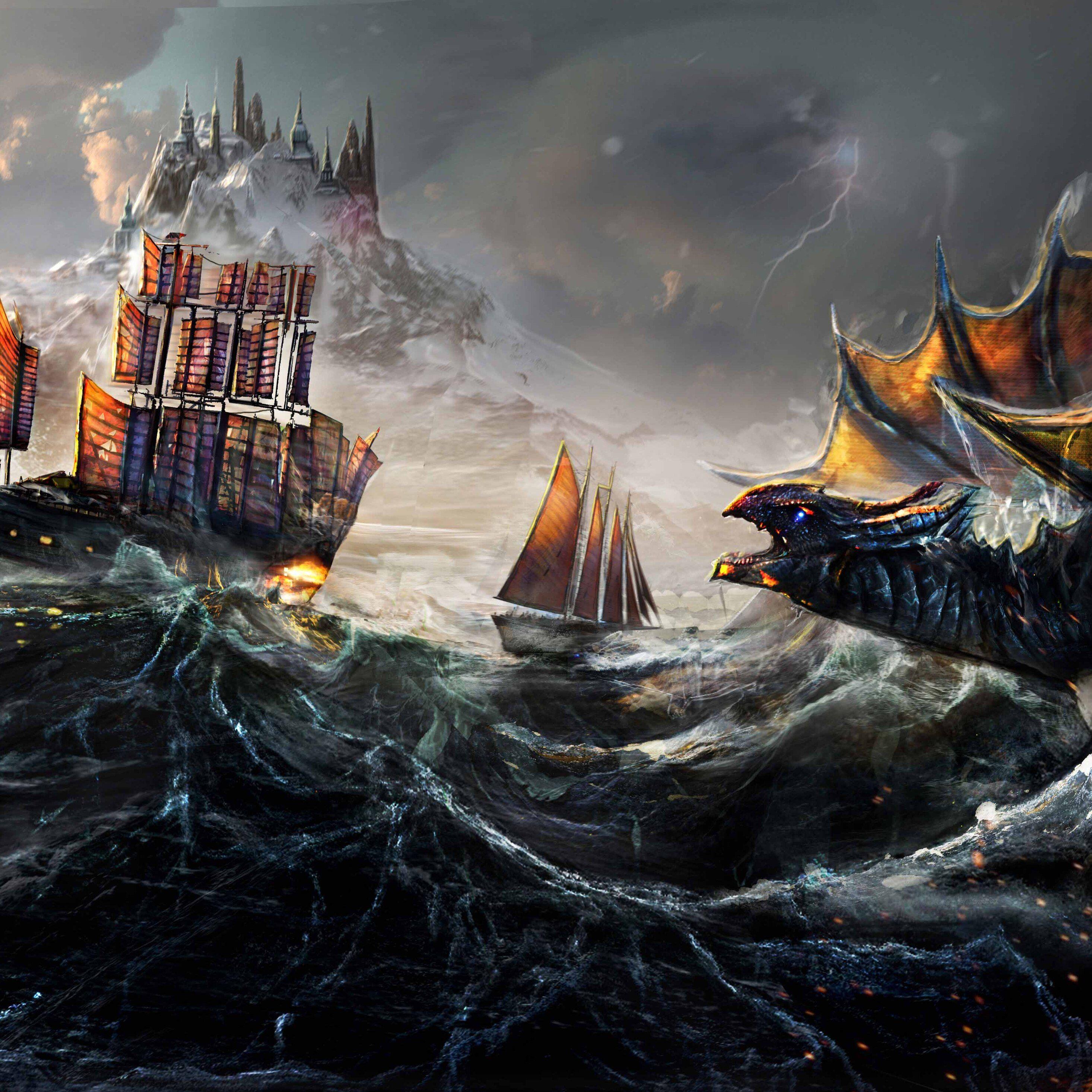 2932x2932 Dragon Fight Ocean Ship Painting 5k iPad Pro Retina Display HD 4k Wallpaper, Image, Background, Photo and Picture