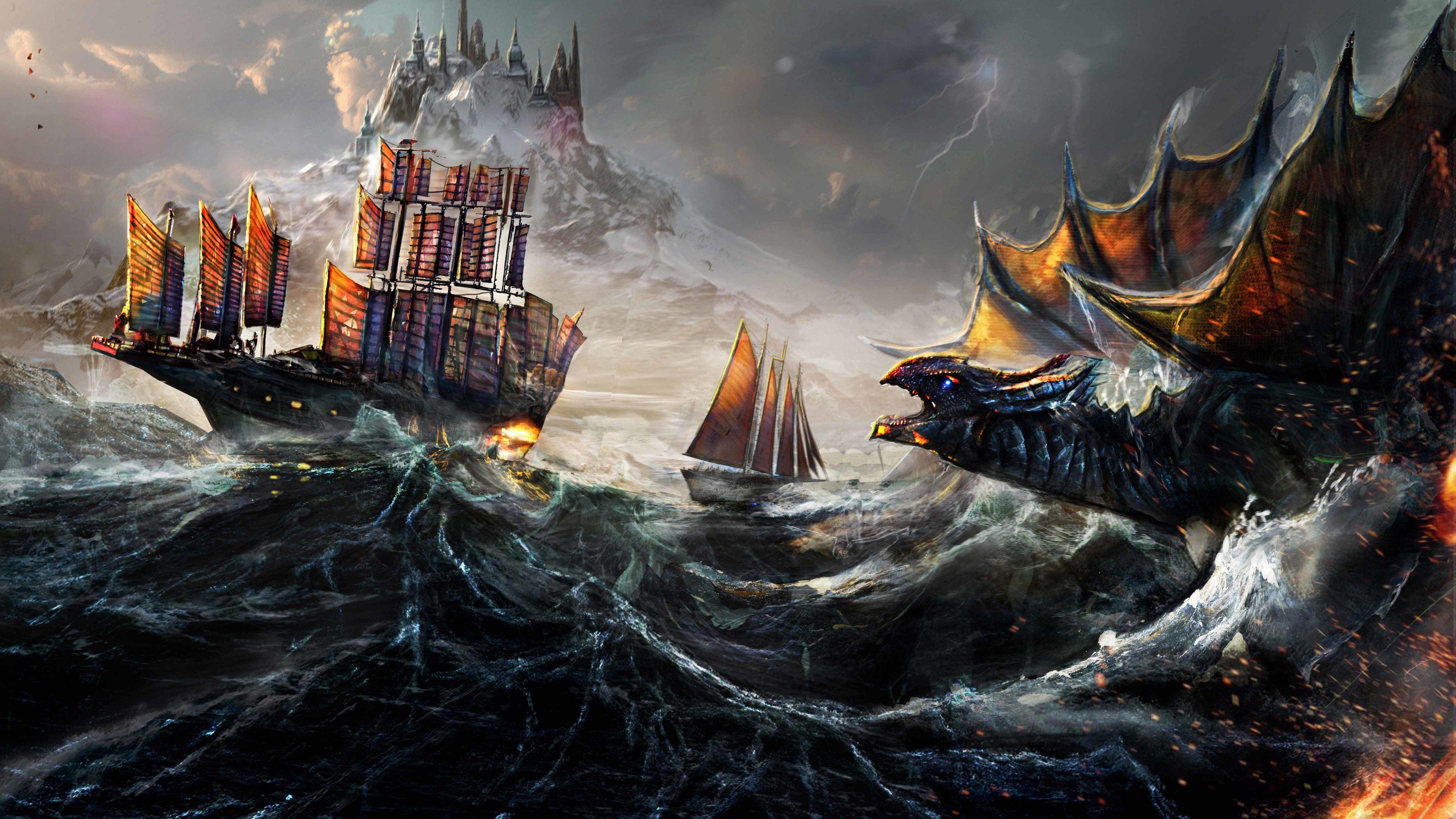 3840x2160 Wallpaper 4k Dragon Fight Ocean Ship Painting 4k Wallpaper