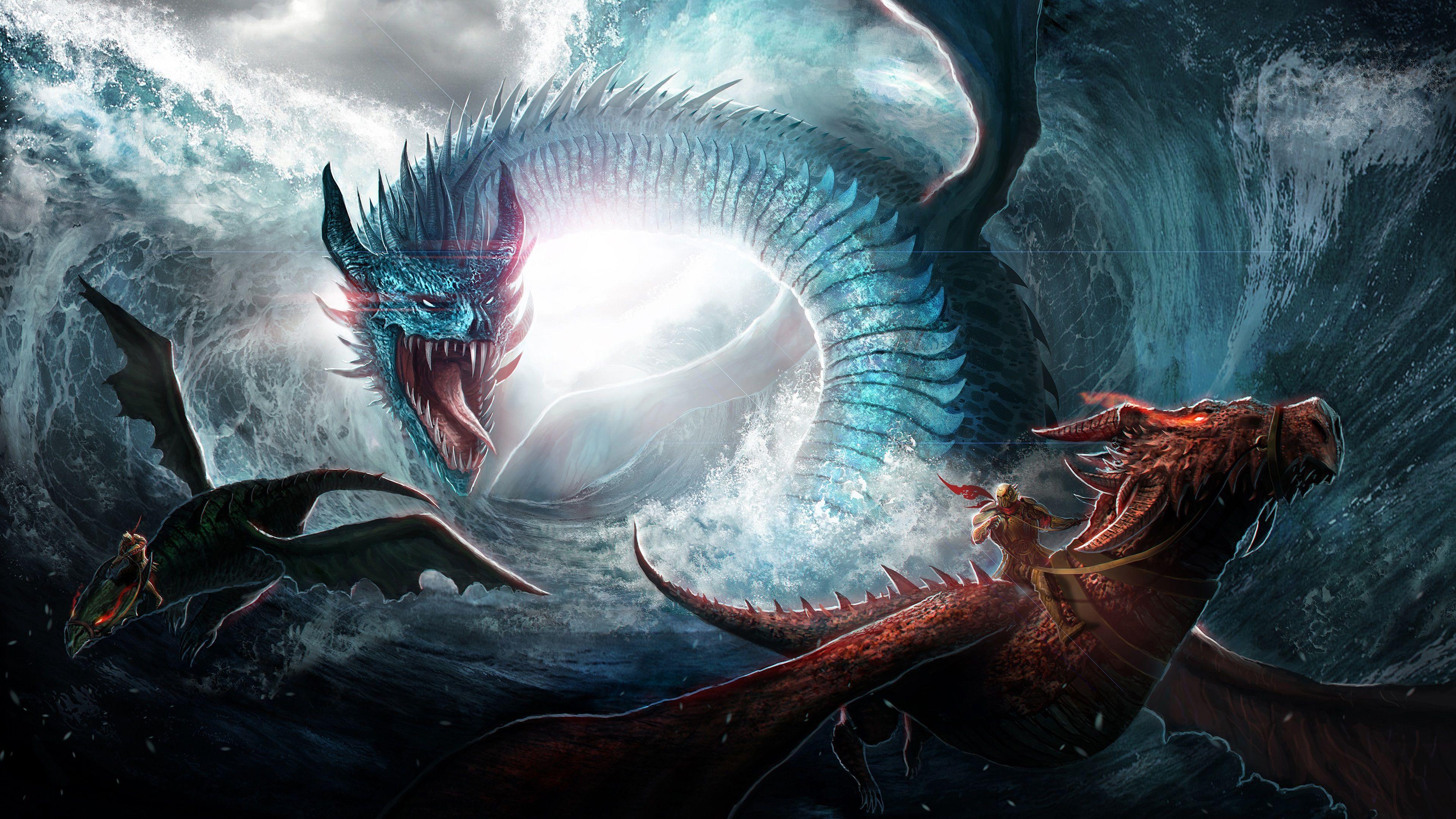 3840x2160 Wallpaper Dragon, sea, waves, art picture 3840x2160 UHD 4K Picture, Image