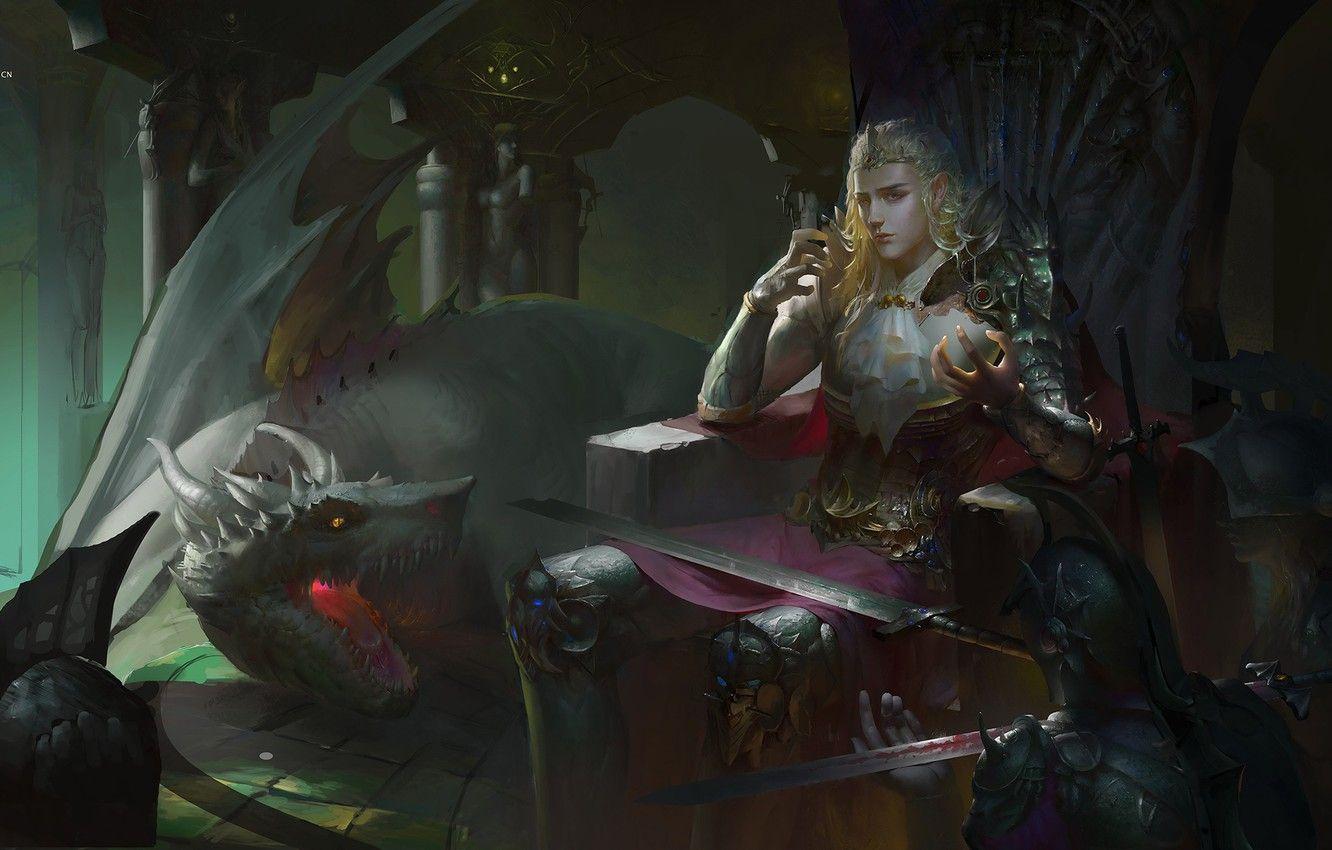 1332x850 Wallpaper sword, armor, ritual, horns, Prince, knights, the throne, art, cruise, king, the ceremony, white dragon, GjscoolArt image for desktop, section фантастика