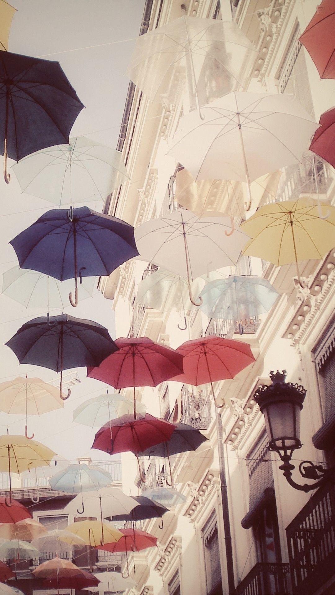 1080x1920 Floating Colorful Umbrellas In City iPhone 6 Wallpaper Download. iPhone Wallpaper, iPad wall. iPhone 6s wallpaper, HD wallpaper iphone, iPhone wallpaper vintage