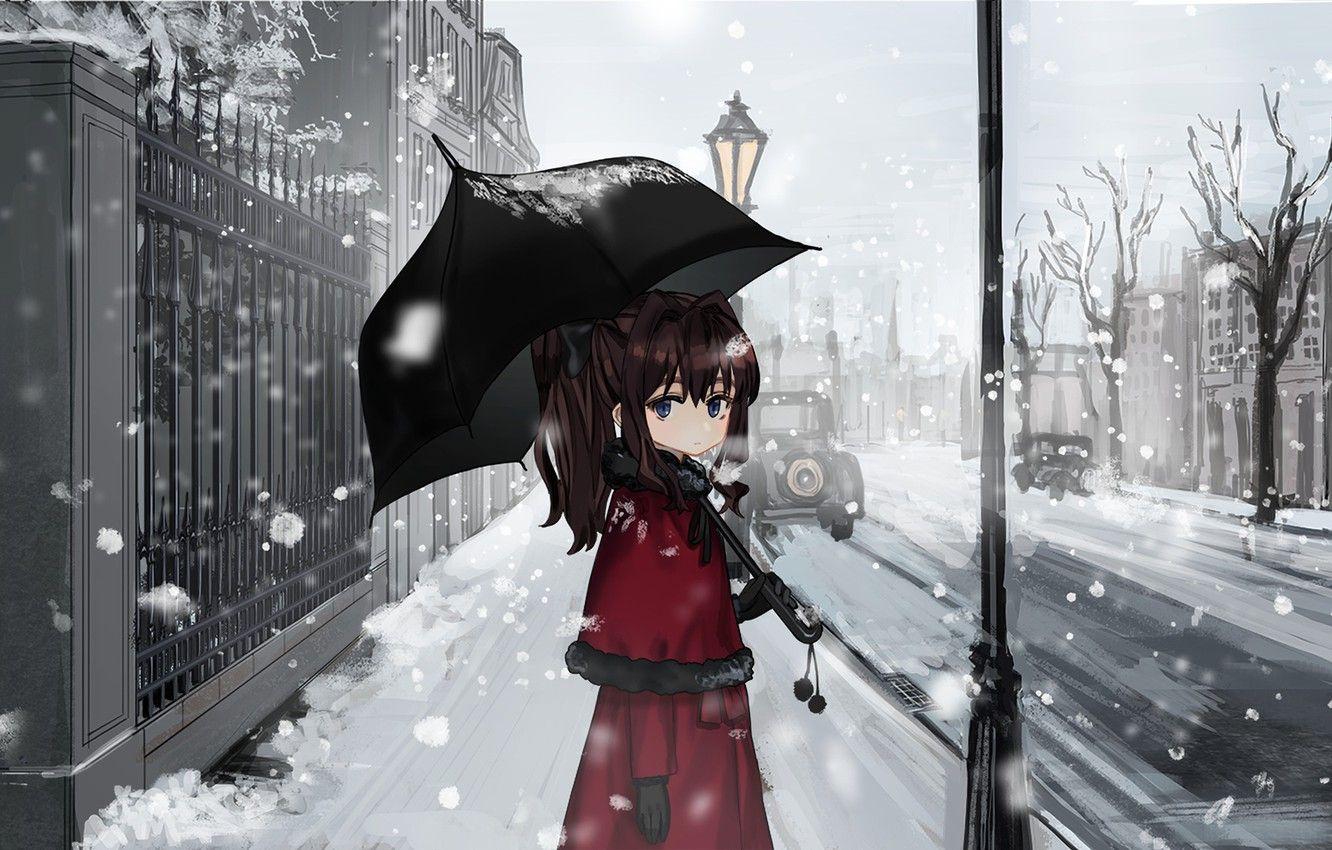 1332x850 Wallpaper winter, snow, the city, umbrella, girl image for desktop, section арт