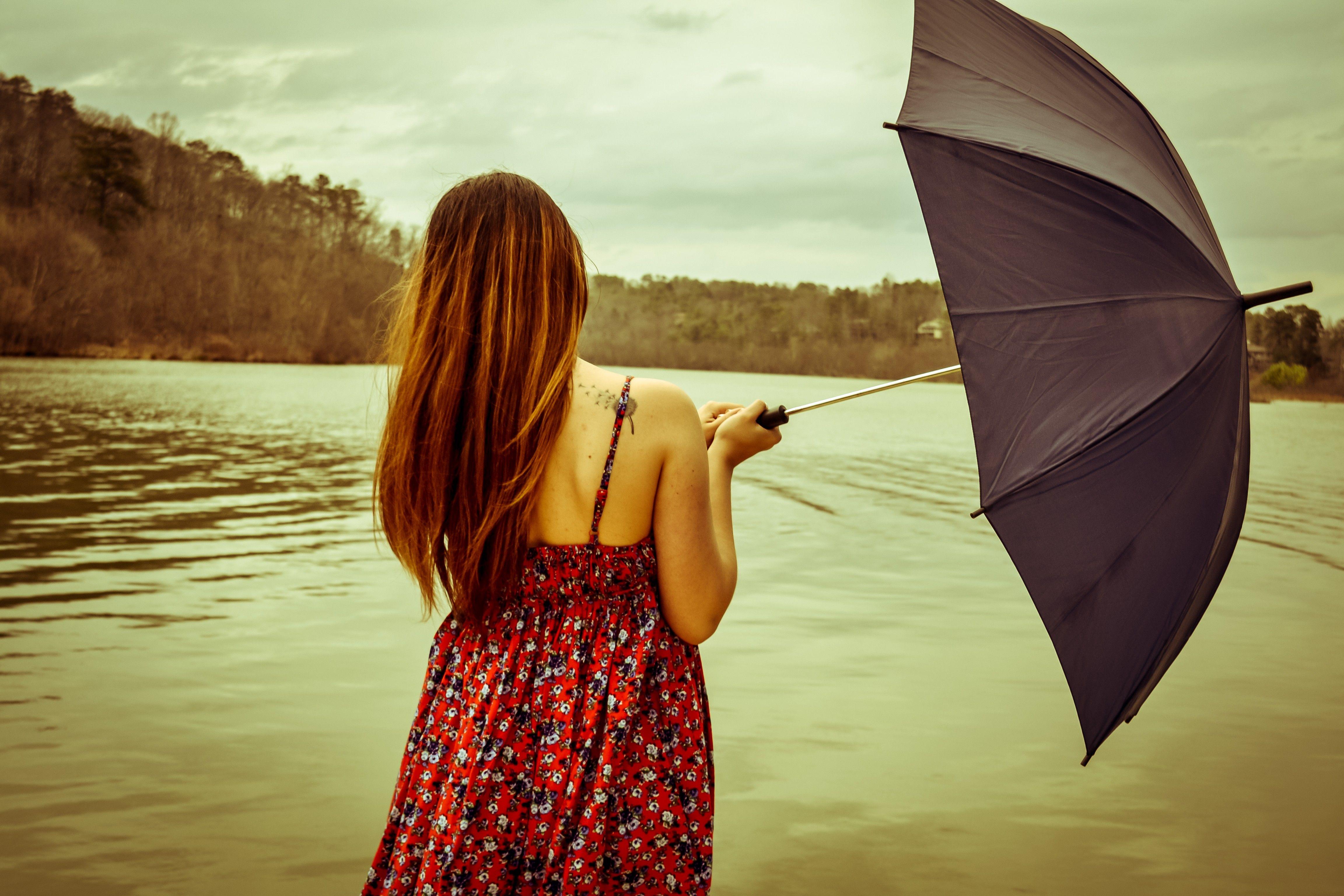4608x3072 women, vintage, red dress, lakes, umbrellas wallpaper