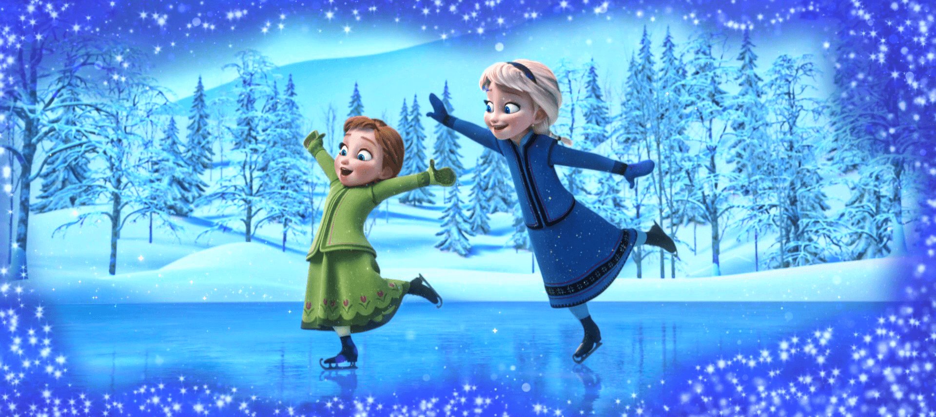 1920x856 Young Anna and Elsa ice skating Wallpaper