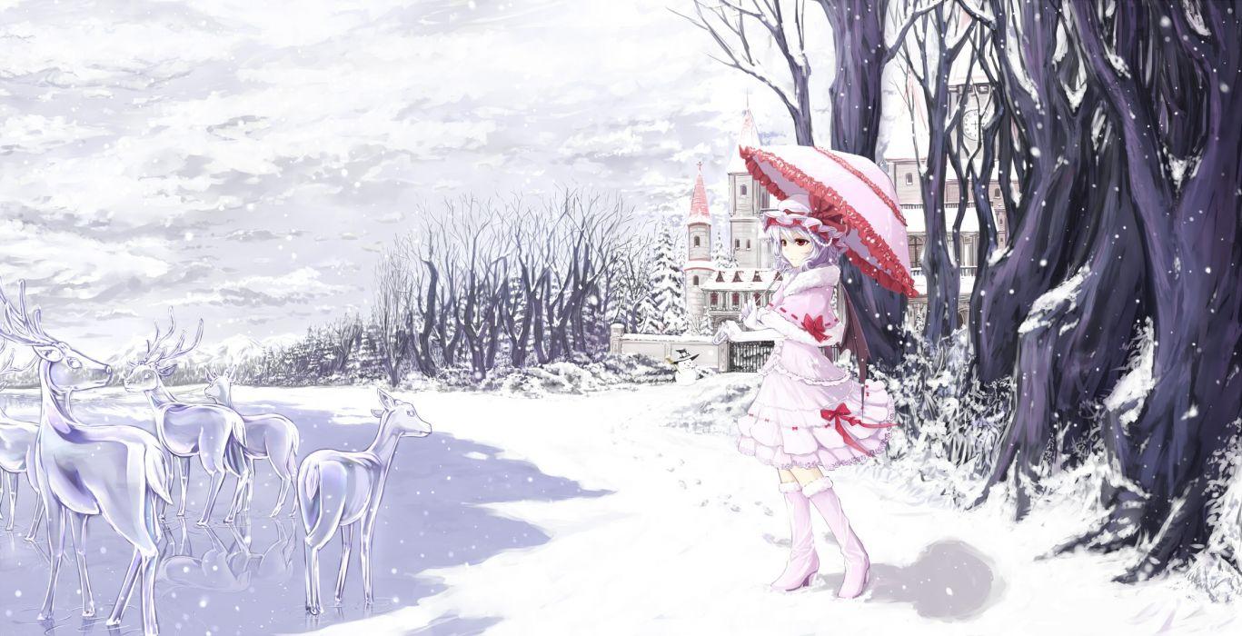1367x700 Touhou anime girl snow winter dress animal deer umbrella wallpaperx1138