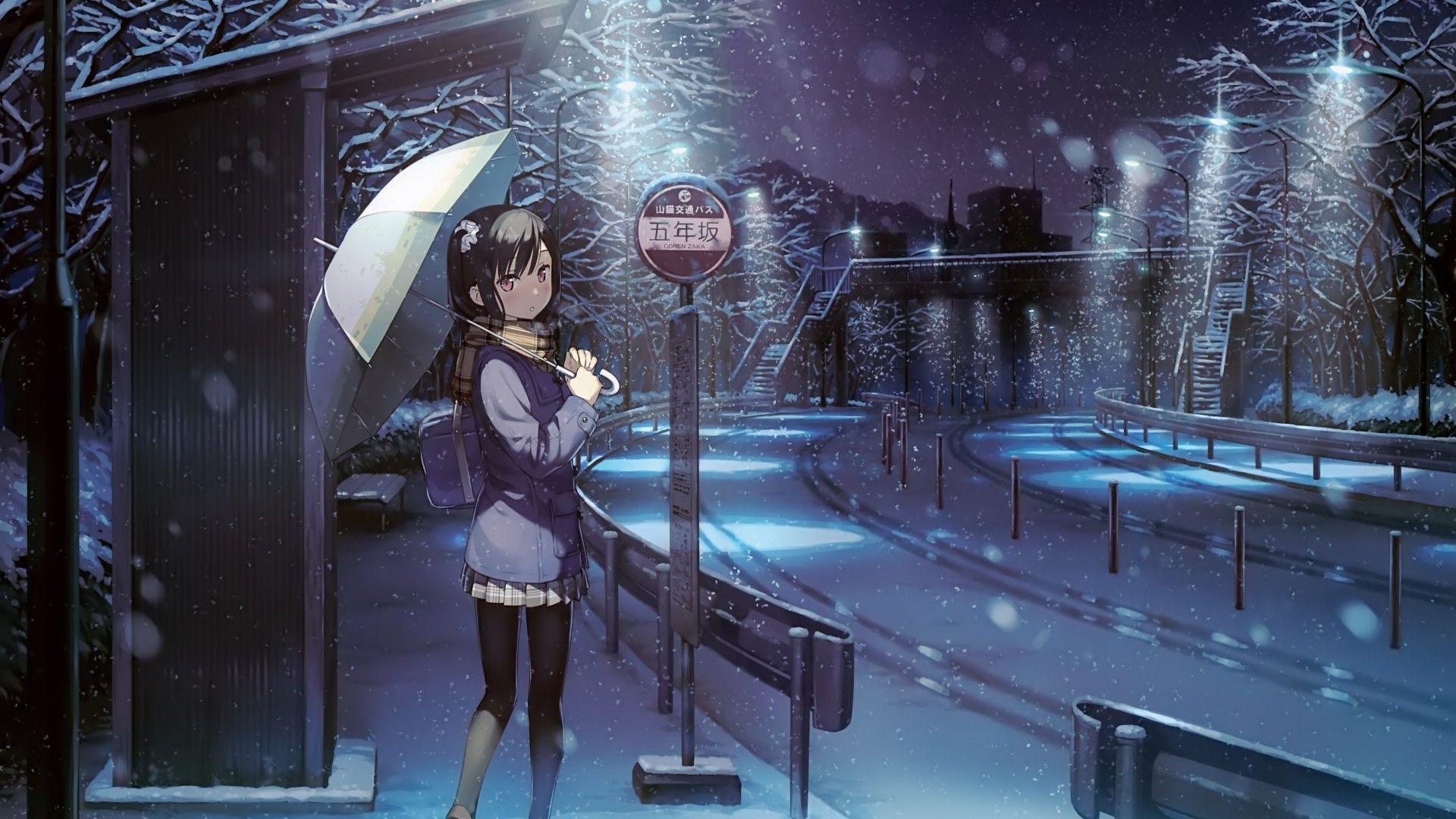 1920x1080 Download 1920x1080 Anime Girl, Shizuku, Kantoku, Snow, Umbrella, School Uniform, Street Wallpaper for Widescreen