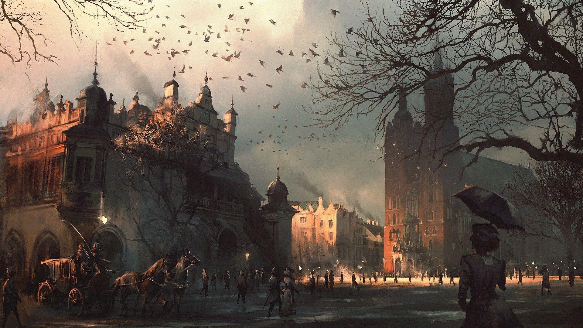 1920x1080 vintage umbrella horse birds cracow Wallpaper HD / Desktop and Mobile Background