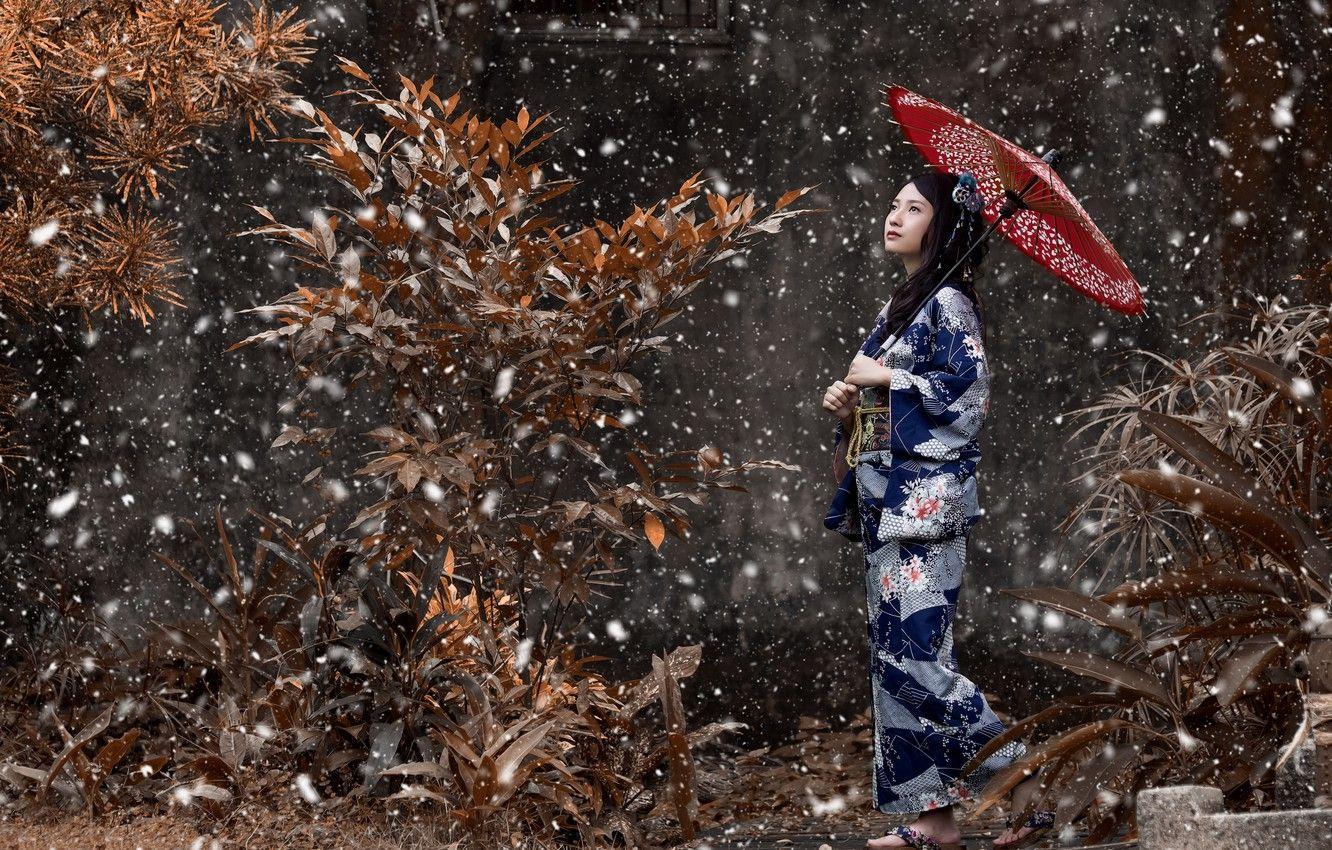 1332x850 Wallpaper girl, snow, umbrella, mood, Japanese, kimono, Asian image for desktop, section настроения