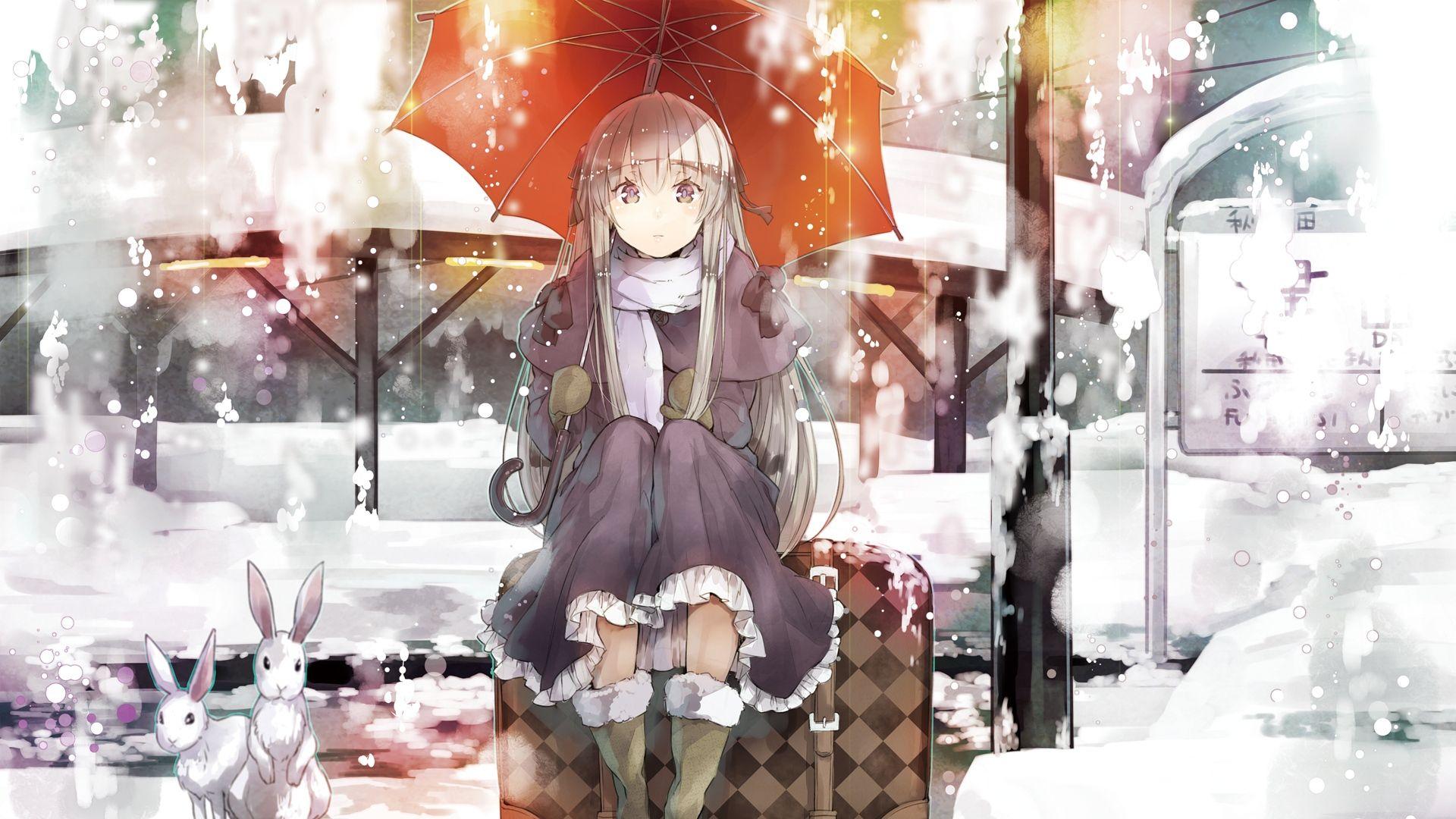 1920x1080 Download Wallpaper 1920x1080 girl, umbrella, snow, hare, animal Full HD 1080p HD Background