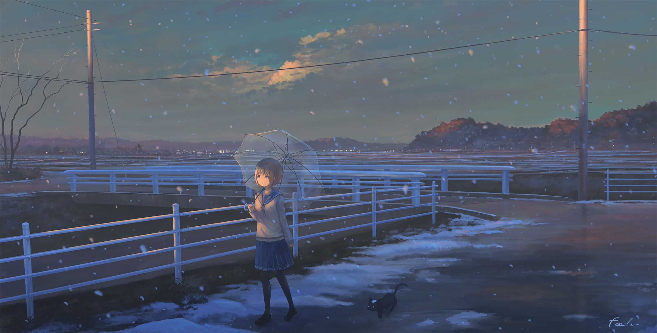 2127x1080 Blonde Girl School Uniform Schoolgirl Short Hair Snow Umbrella Wallpaper:2127x1080