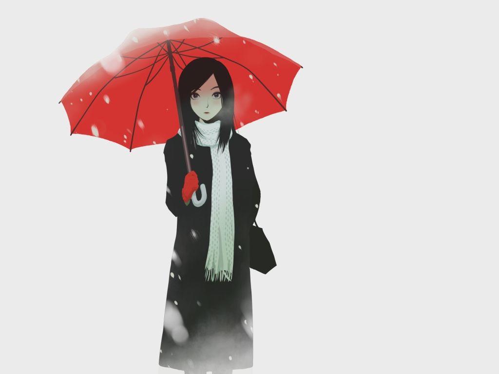 1024x768 black eyes black hair original polychromatic scarf snow umbrella white winter: Anime Wallpaper