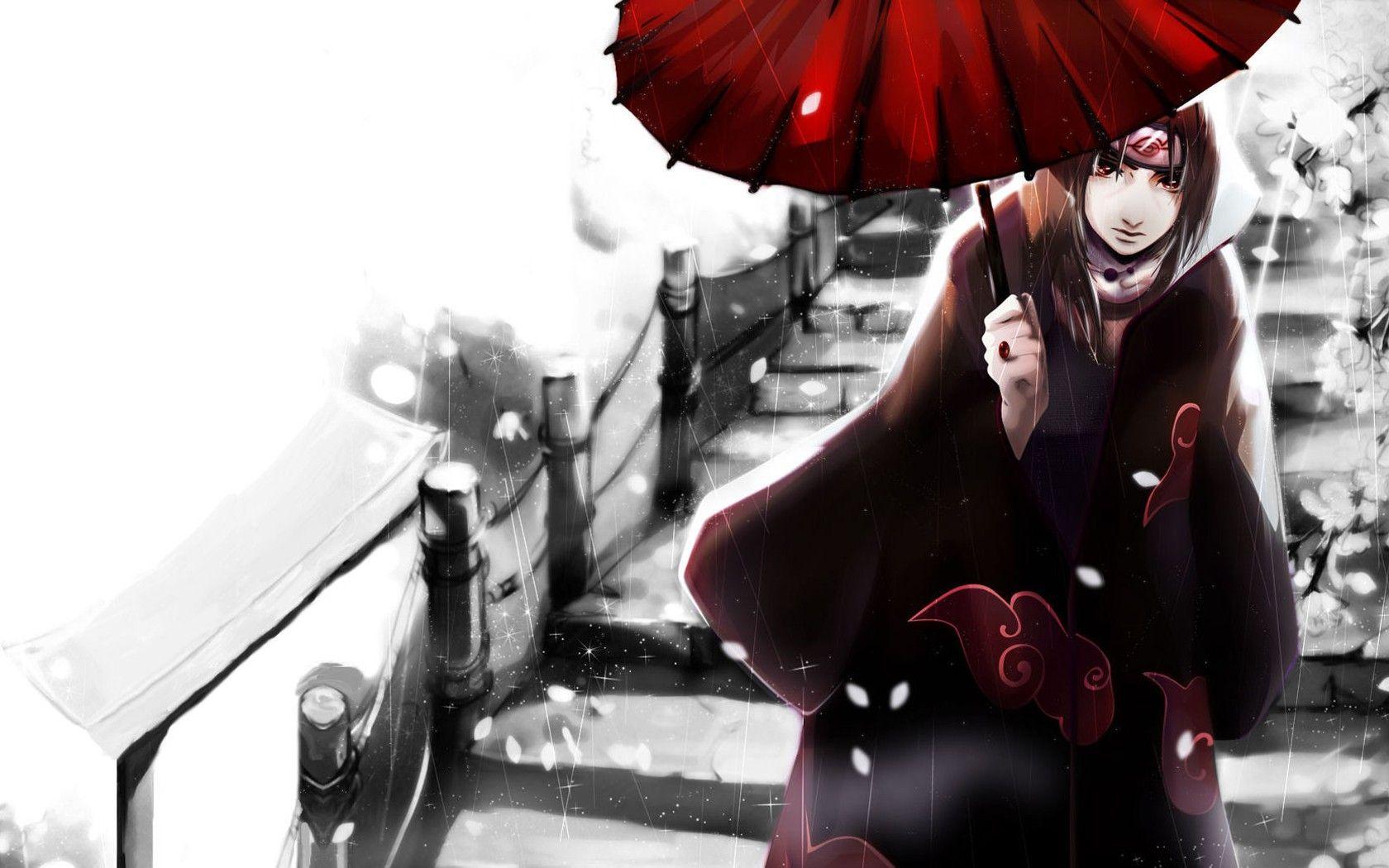 1680x1050 Uchiha Itachi Akatsuki Umbrella Snow Stairs Wallpaper:1680x1050