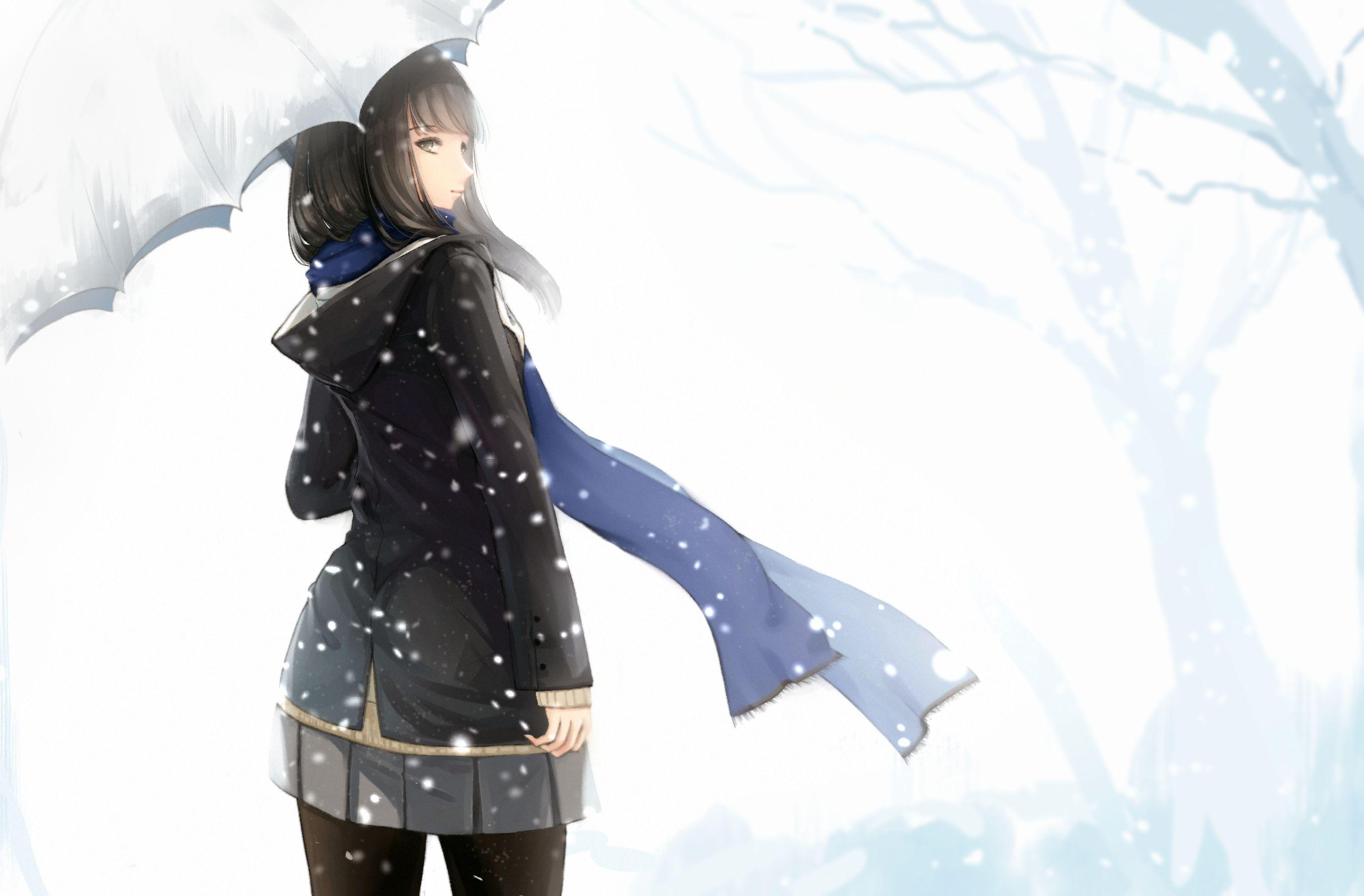 3000x1972 black eyes black hair kikivi long hair original pantyhose scarf school uniform skirt snow tree umbrella winter. konachan.com.com Anime Wallpaper