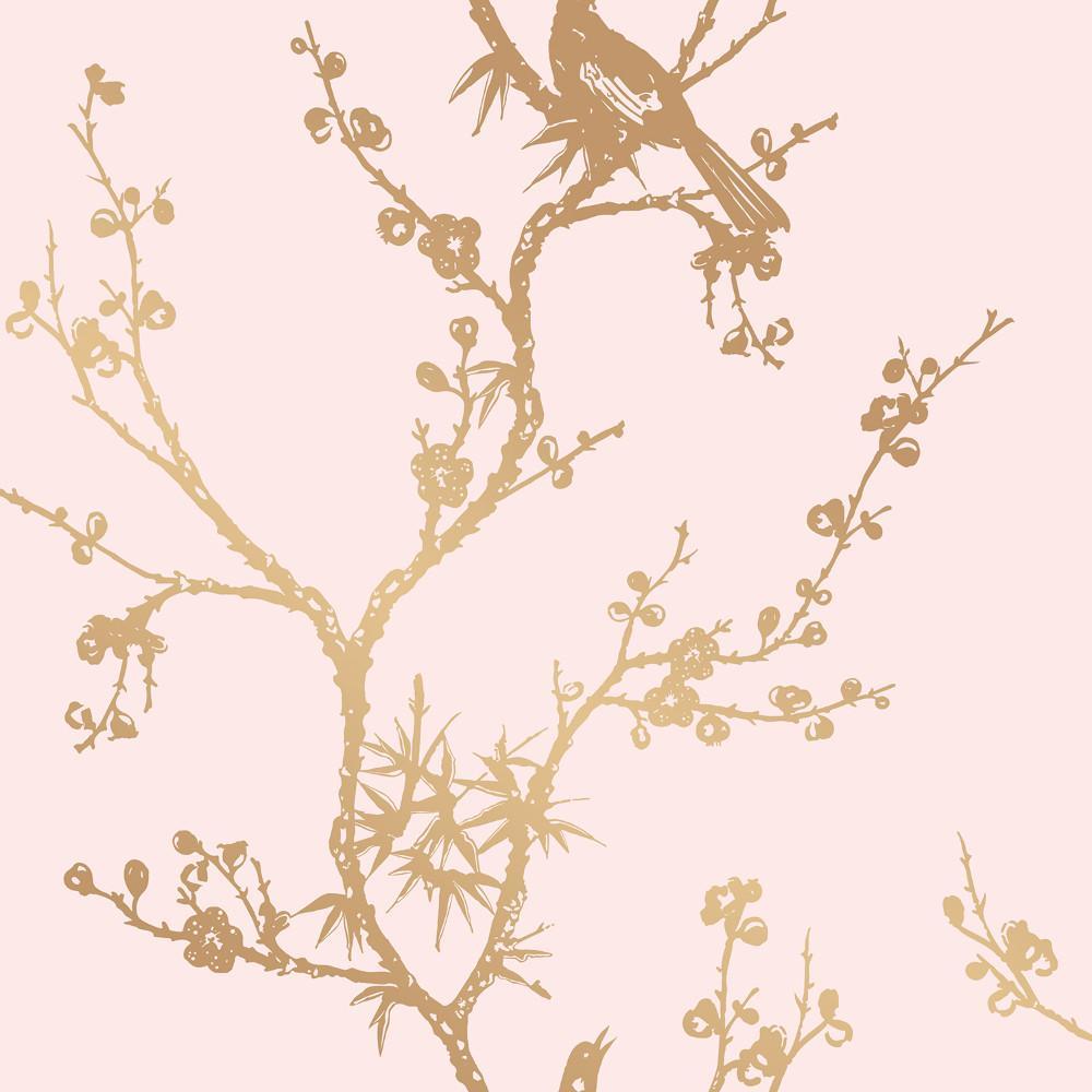 1000x1000 Bird Watching Self Adhesive Wallpaper in Rose Pink and Gold