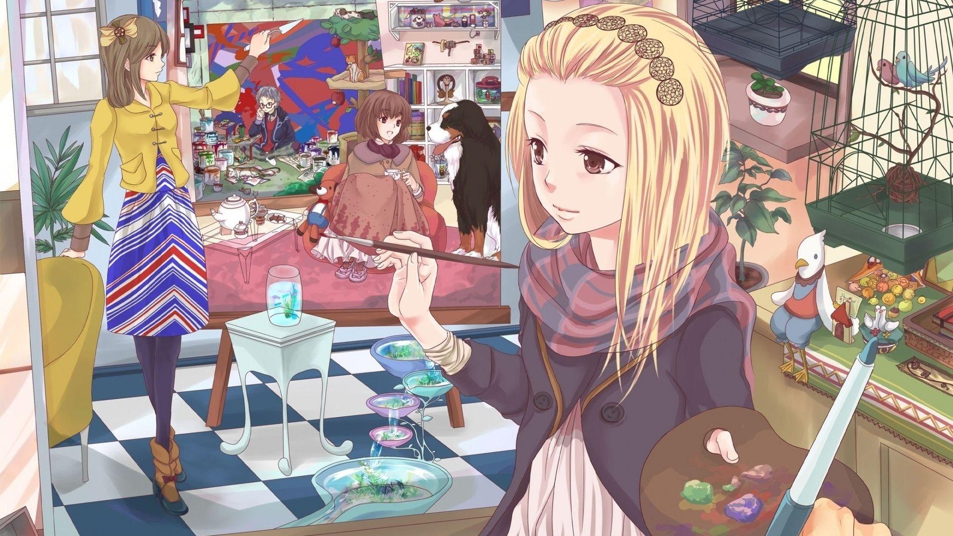 1920x1080 Download Wallpaper 1920x1080 anime, girl, artist, drawing, brush Full HD 1080p HD Background