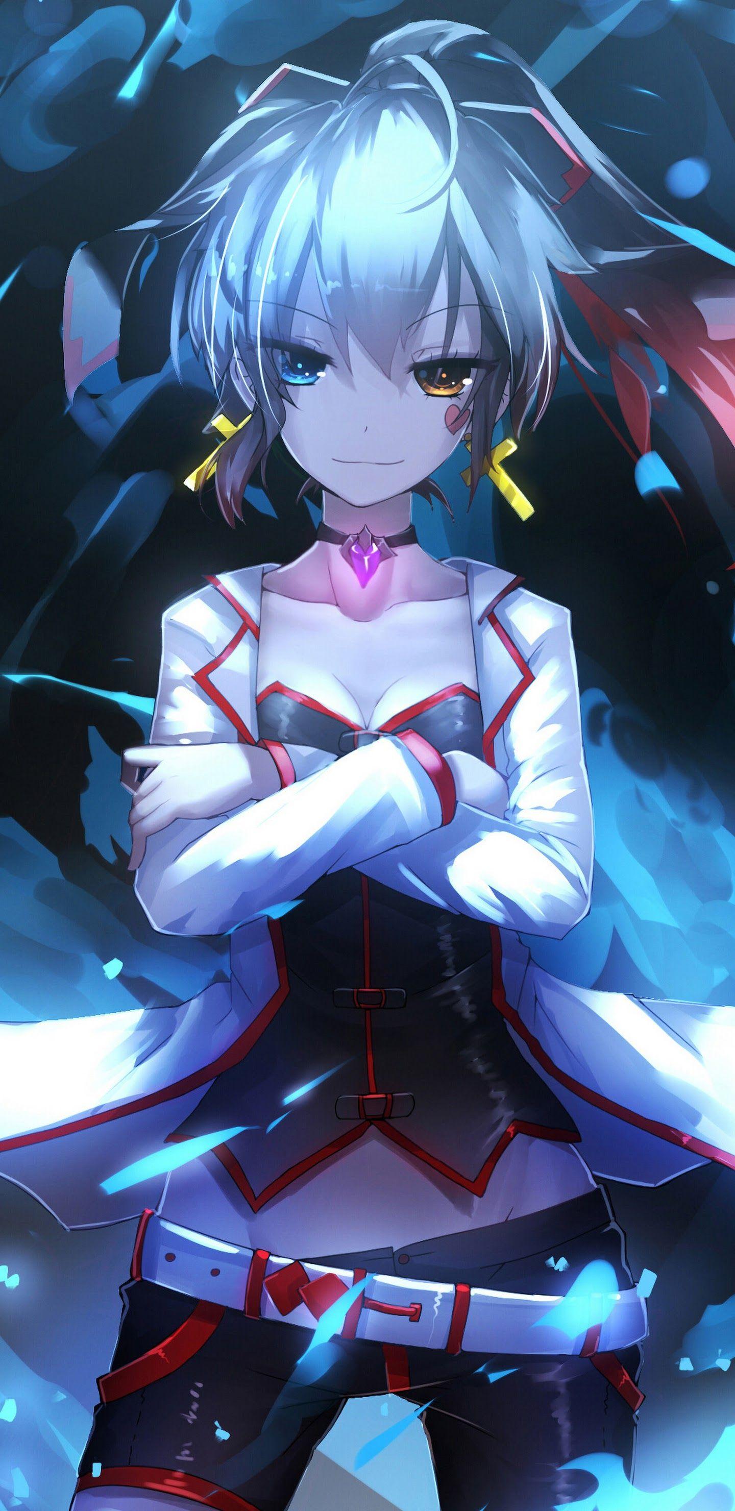 1440x2960 Anime Girl Blue Flame Pixiv Fantasia 4K Wallpaper