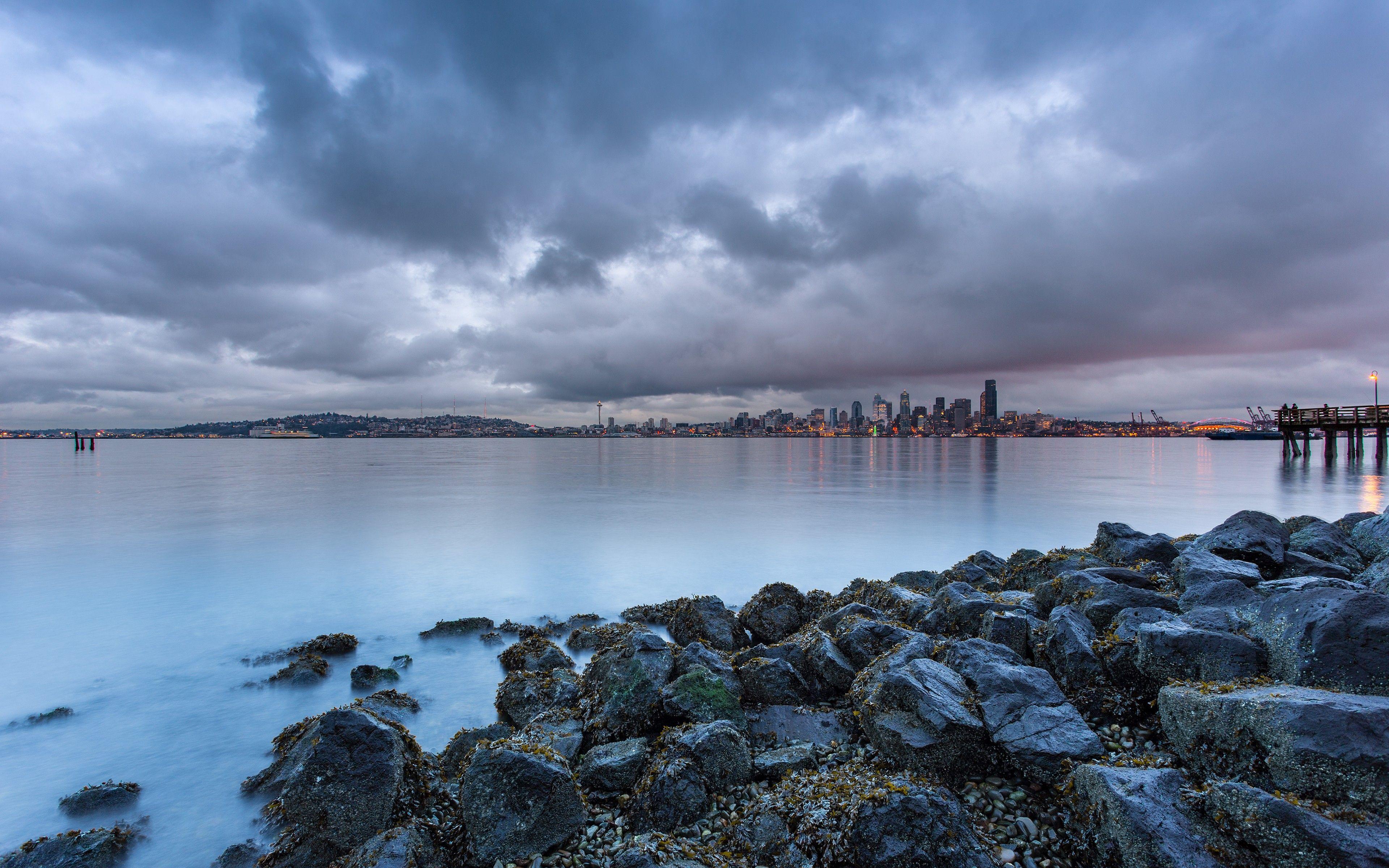 3840x2400 clouds, Landscapes, Nature, Coast, Cityscapes, Rocks, Seattle, Piers, Usa, Overcast, Hdr, Photography, Washington Wallpaper HD / Desktop and Mobile Background