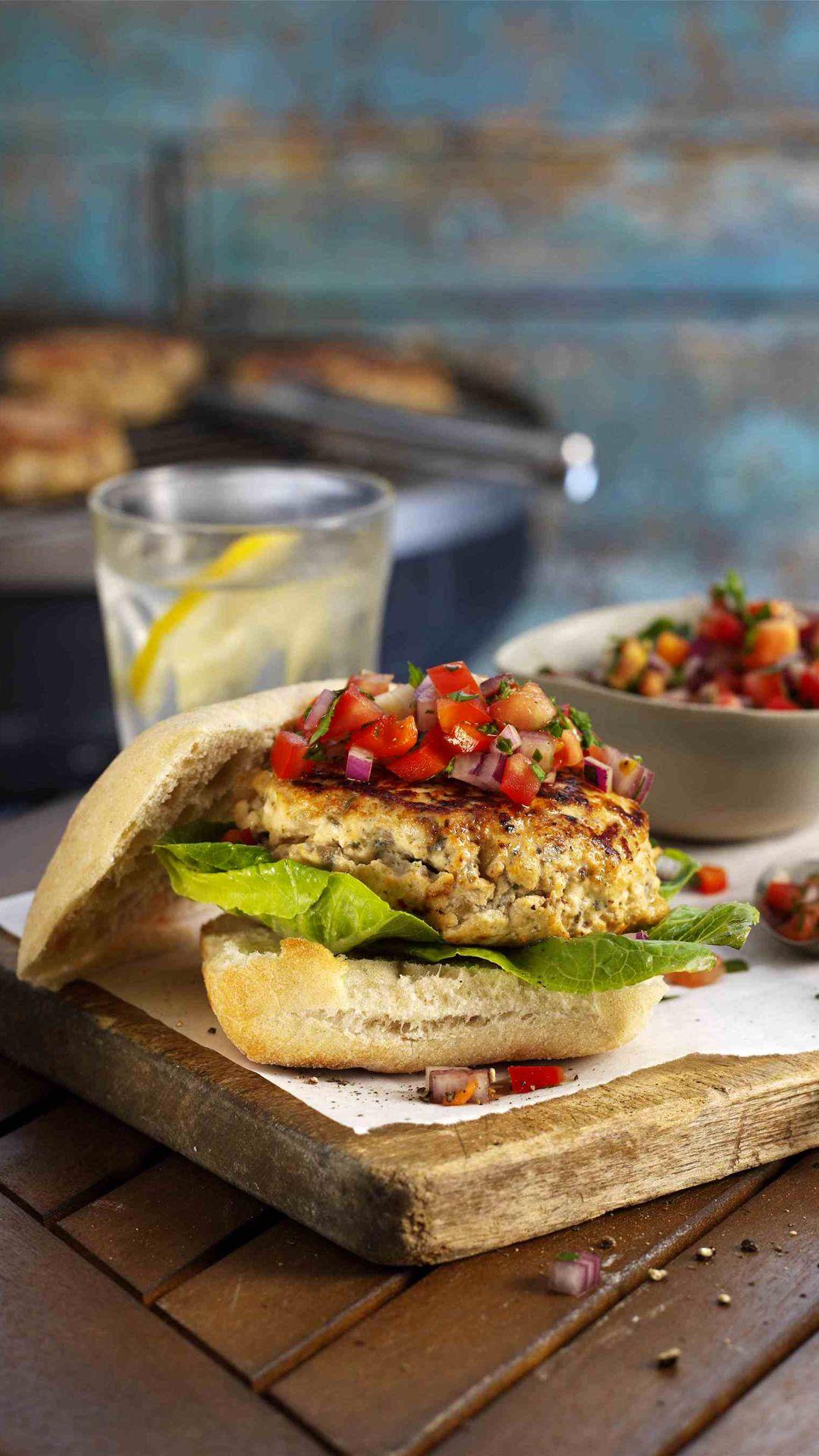 1080x1920 Spicy Chicken Burgers with Red Pepper Salsa htc one wallpaper, free and easy to download