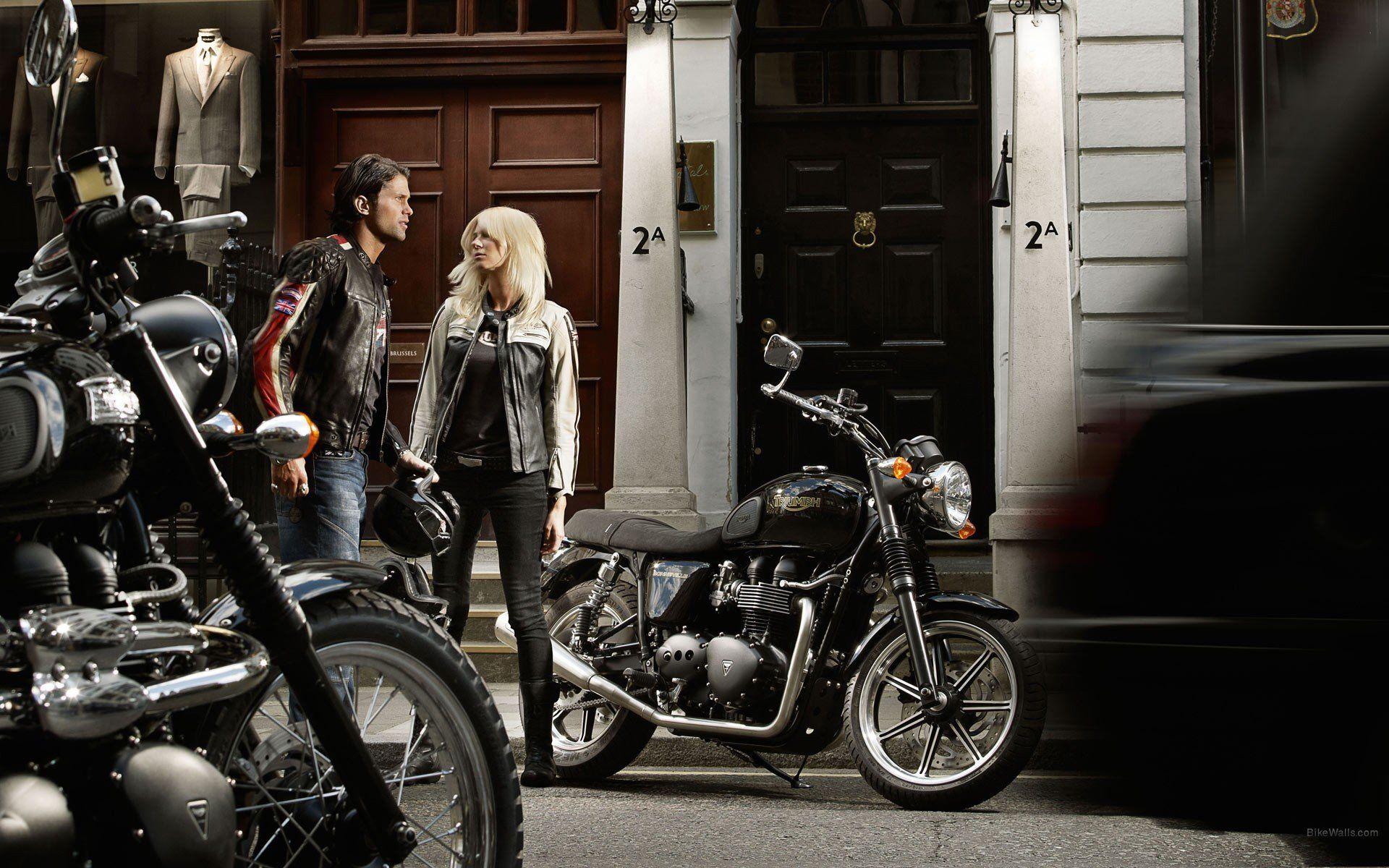 1920x1200 Blondes women jeans leather jacket motorbikes Triumph Bonneville denim clothing Triumph Motorcycles girls with bikes wallpaperx1200