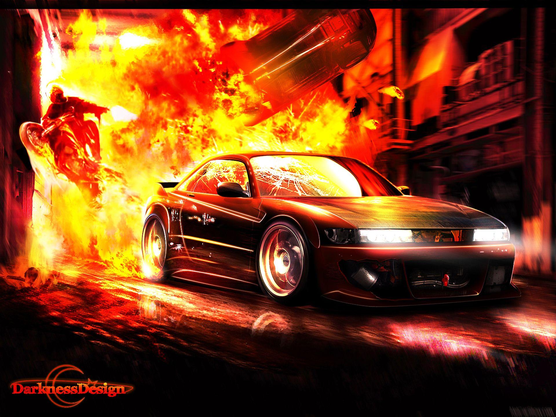 1920x1440 The car goes out of the fire Desktop wallpaper 1680x1050