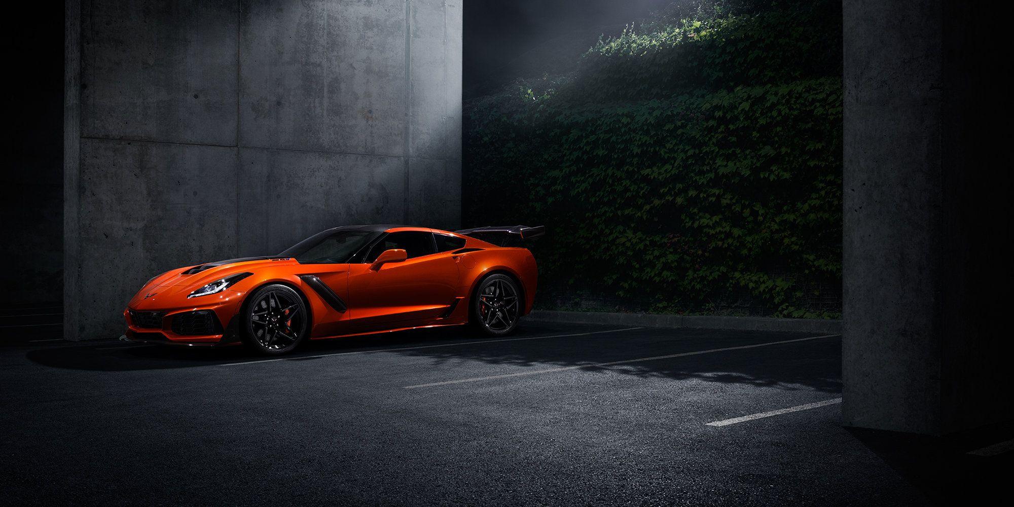 2000x1000 Corvette Zr1 Orange Color In Night Under Moon Zr1 Poster Wallpaper & Background Download