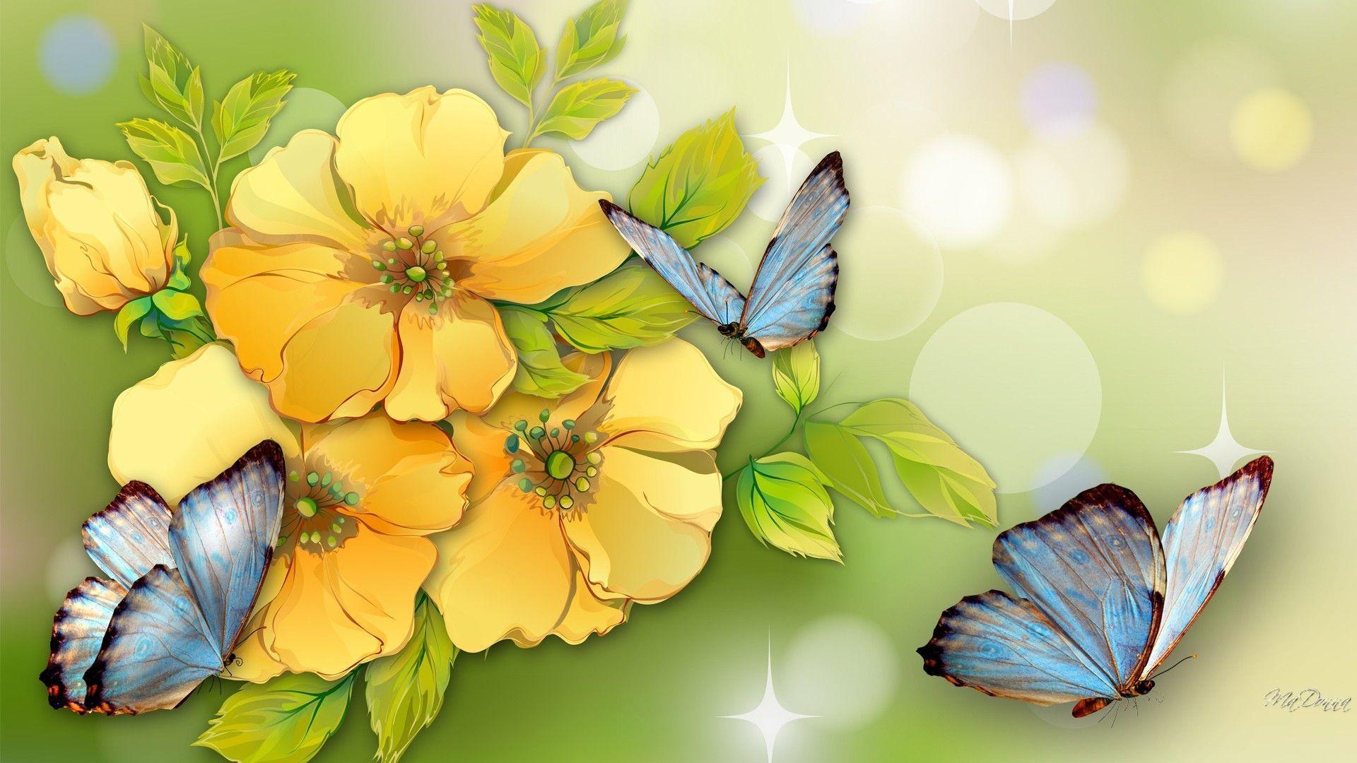 1920x1080 Flower: Yellow Flowers Blue Butterflies Watercolor Summer Fragrant. Yellow flower wallpaper, Yellow flower art, Butterfly watercolor
