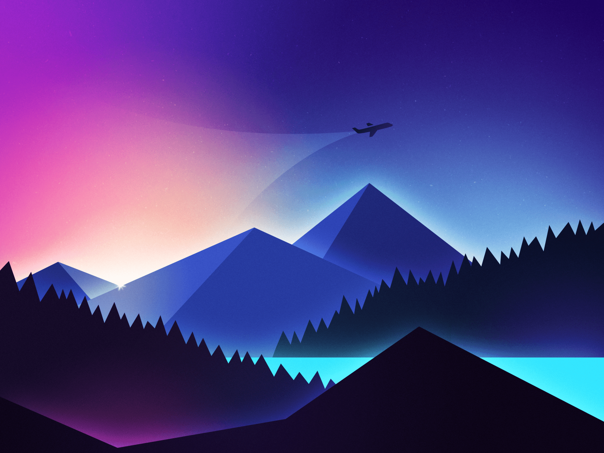 2048x1536 Mountains 4K Wallpaper, Illustration, Flight, Night, Sunset, Gradient background, Nature