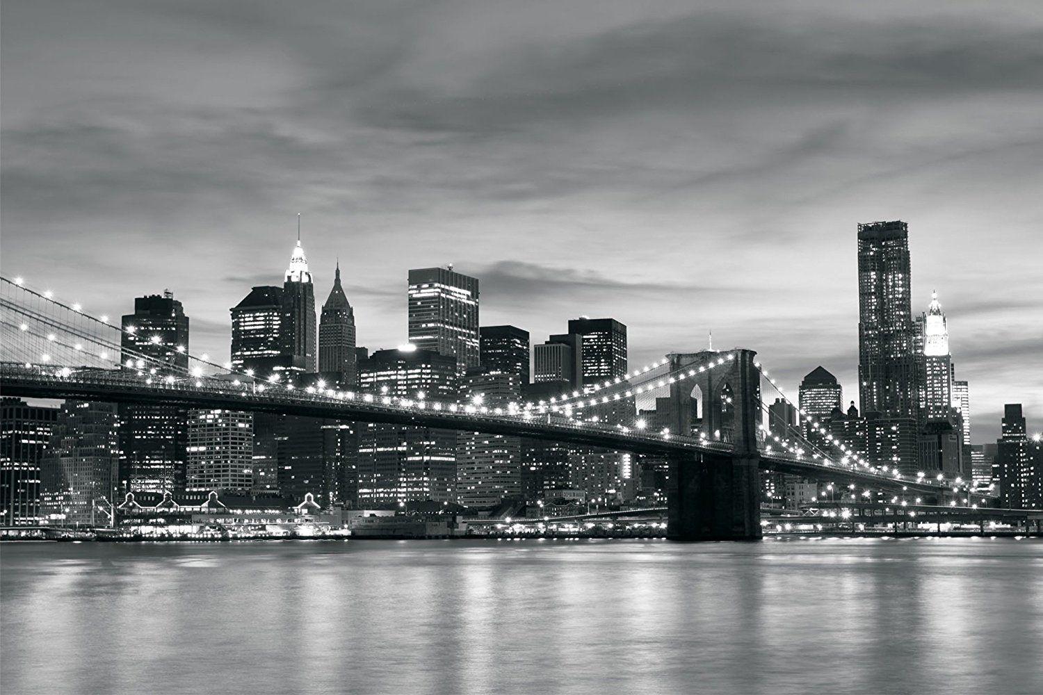 1500x1000 NEW YORK CITY AT NIGHT SKYLINE VIEW BLACK & WHITE WALLPAPER MURAL